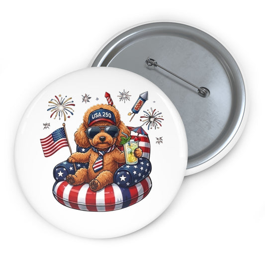 Button badge with a bear design holding an American flag, rocket, and drink, surrounded by fireworks.
