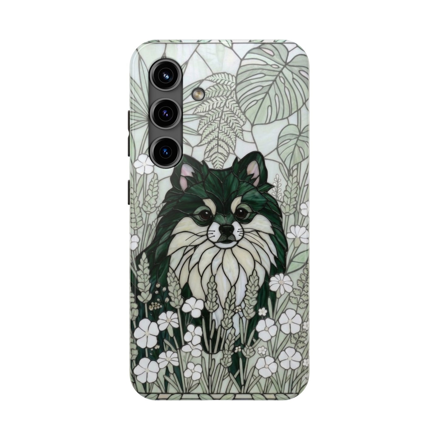 Pomeranian Stained Glass Style Tough Case — Botanical Green Theme