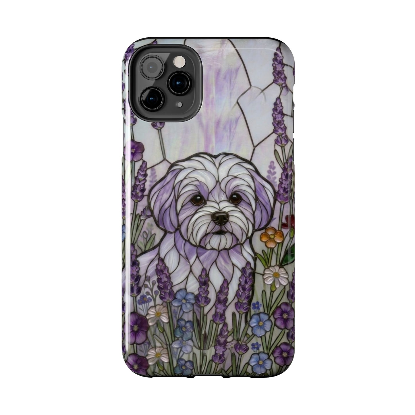 Phone case with a stylized dog illustration in a floral setting on a white background