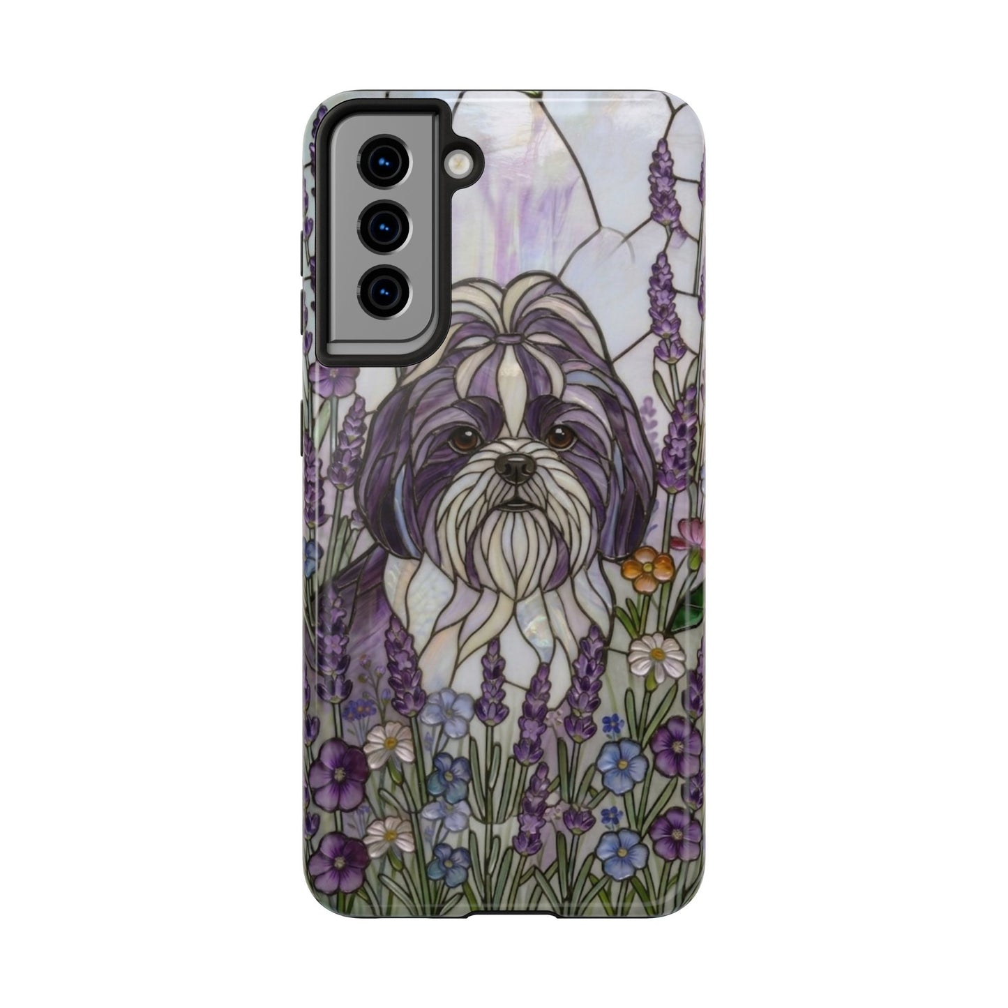 Shih Tzu Stained Glass Style Tough Case — Lavender Floral Theme