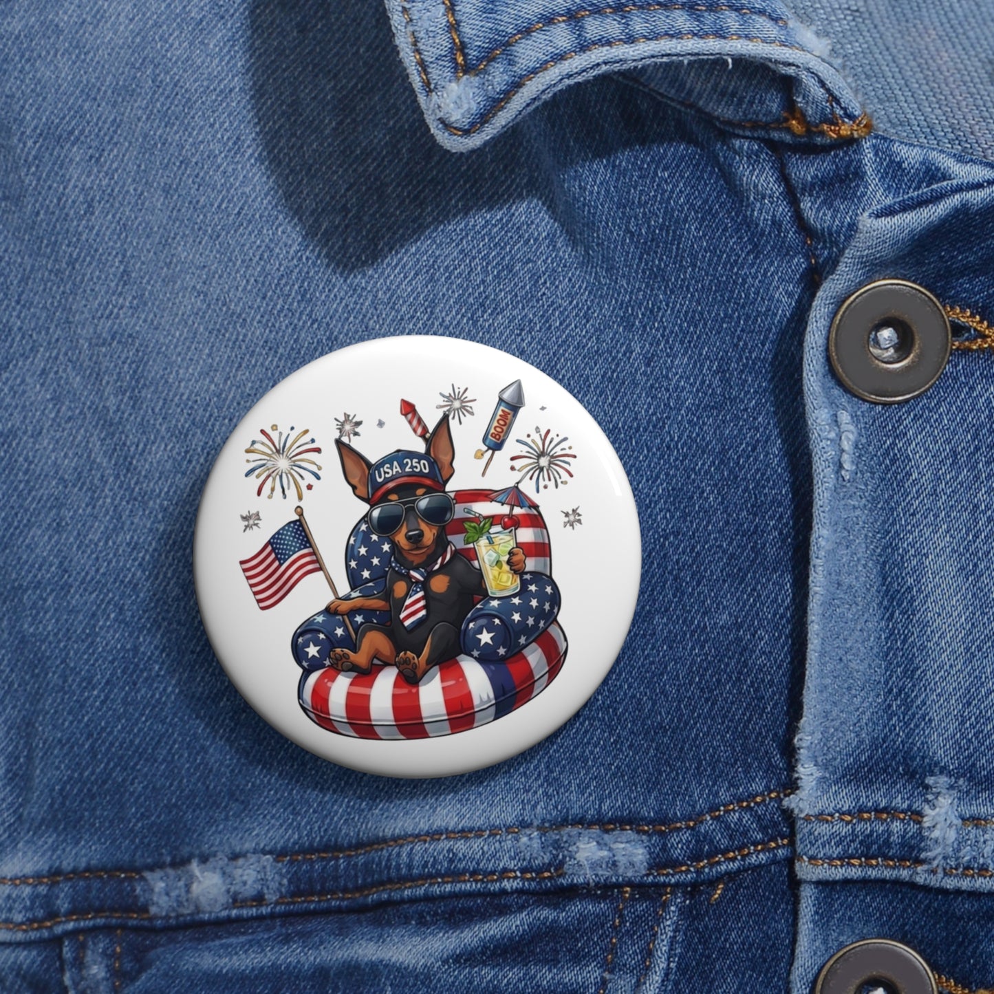 Patriotic Mini Pinscher Pin Button — American Flag Mini Pinscher Lapel Badge