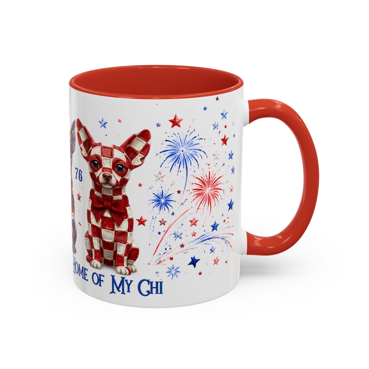 Mug with a dog design and fireworks on a white background