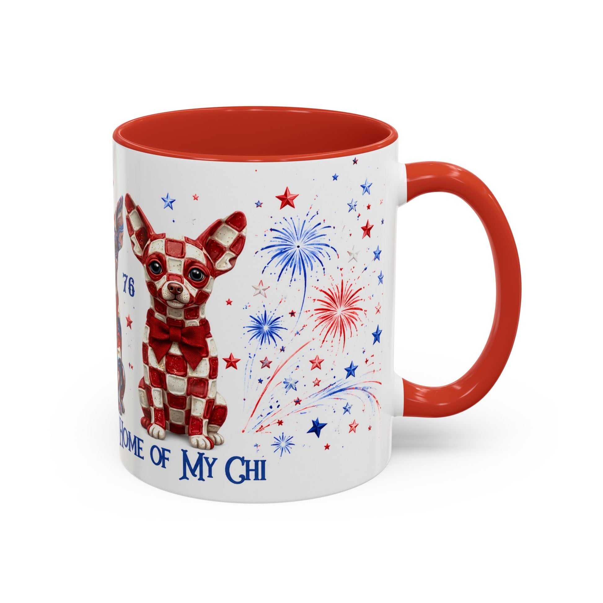 Mug with a dog design and fireworks on a white background