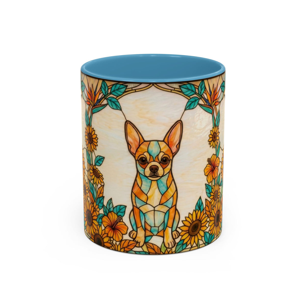 A ceramic mug featuring a colorful stained-glass style illustration of a Chihuahua dog surrounded by sunflowers, with a solid blue interior and rim, set against a plain white background.
