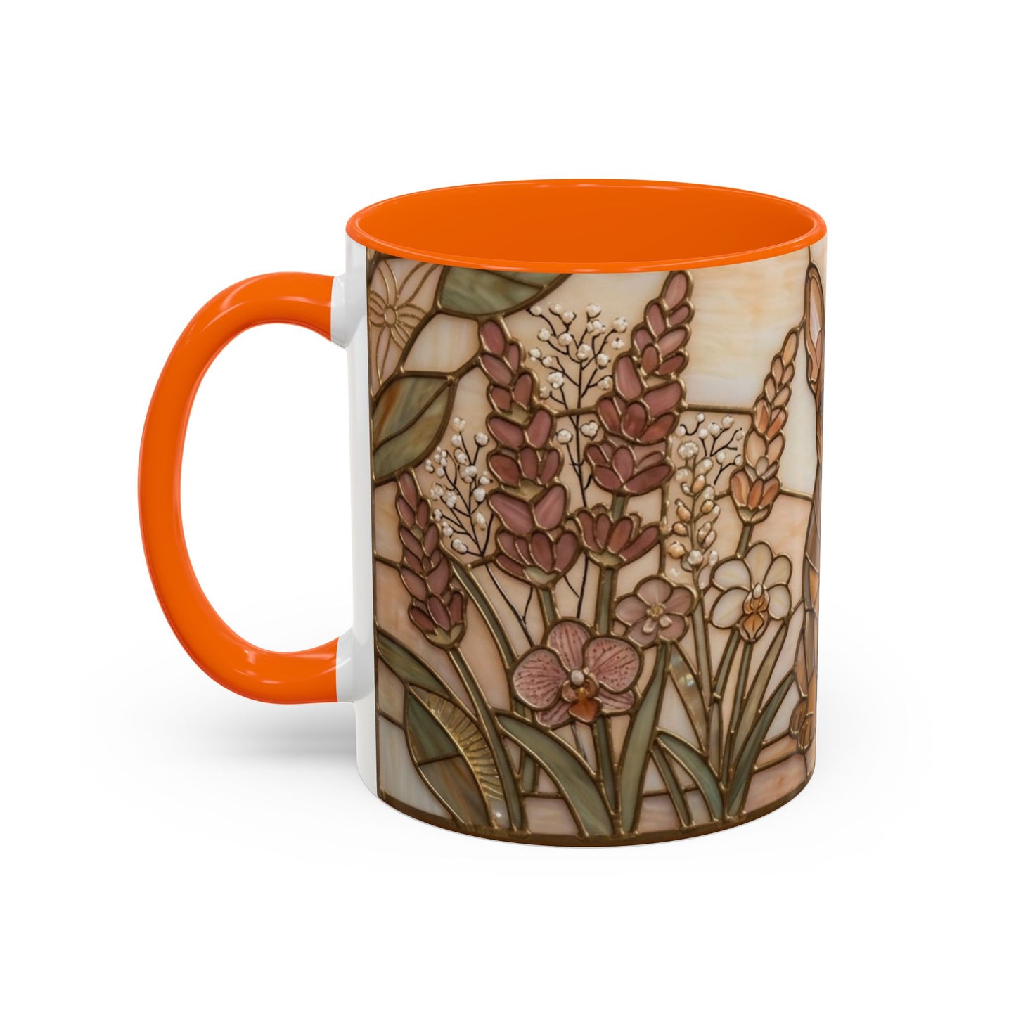 Mug with floral design and orange handle on a white background