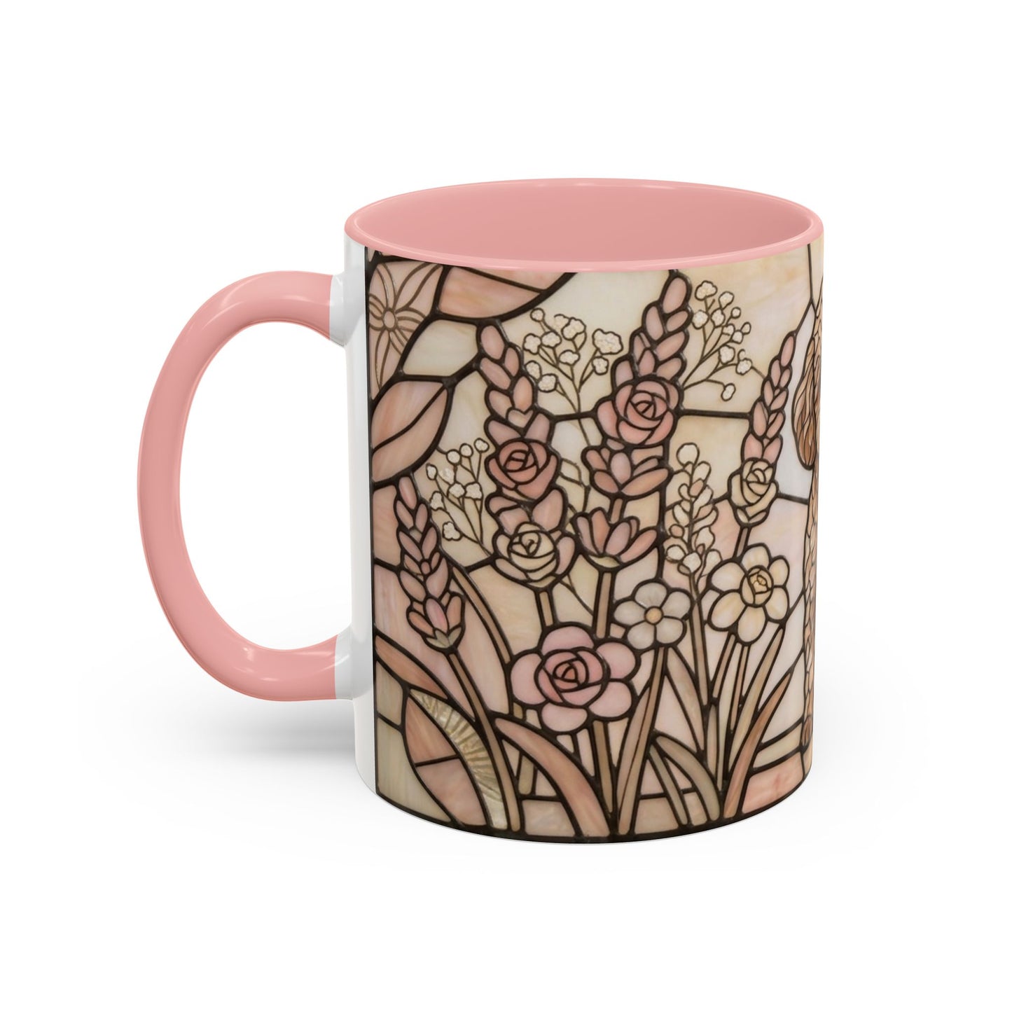 Mug with floral design and pink handle on a white background