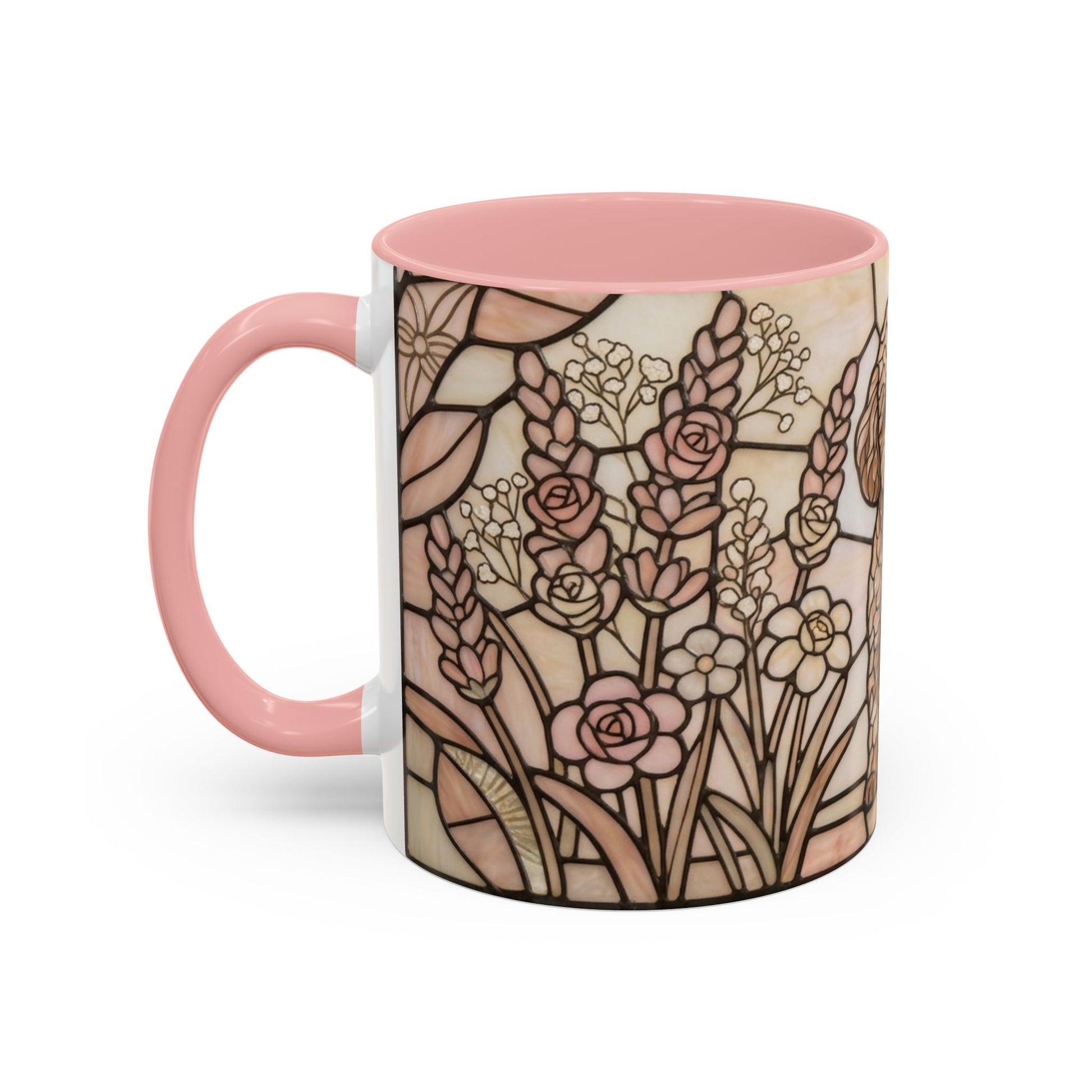 Mug with floral design and pink handle on a white background