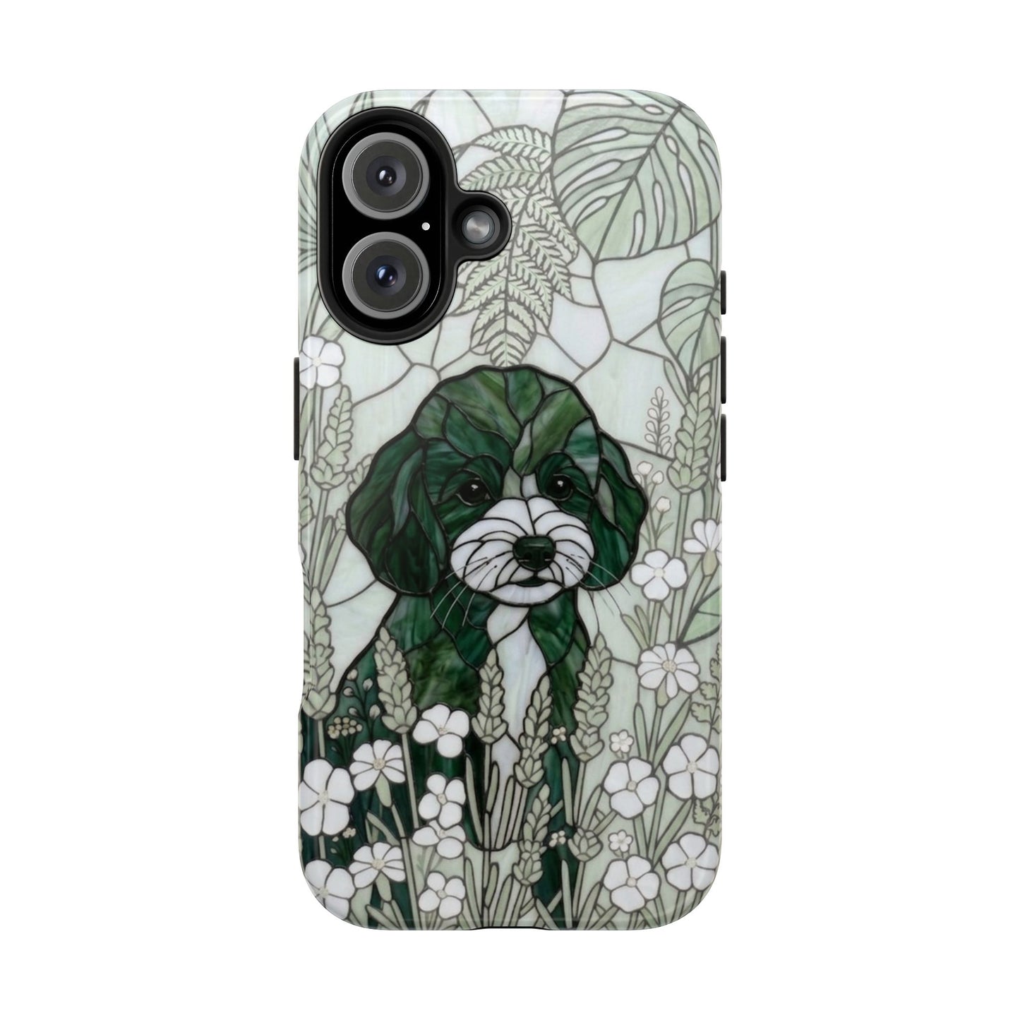 Toy Poodle Stained Glass Style Tough Case — Botanical Green Theme