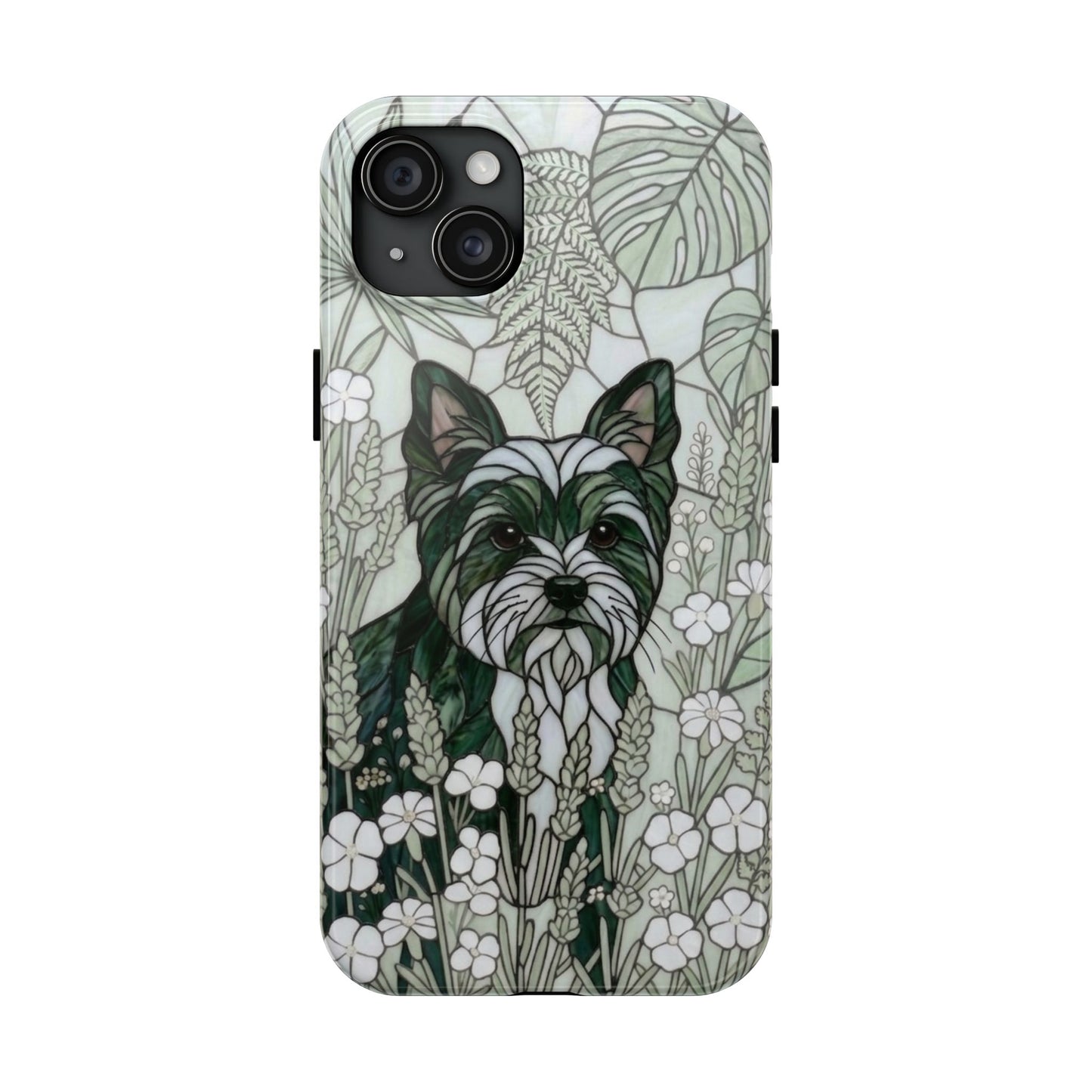 Yorkie Stained Glass Style Tough Case — Botanical Green Theme