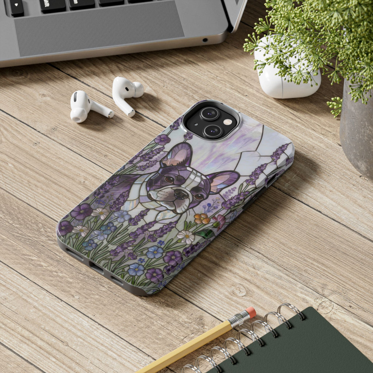 Frenchie Stained Glass Style Tough Case —Lavender Floral Theme