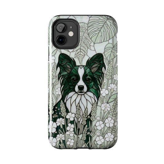 Phone case with a green and white dog illustration on a floral background
