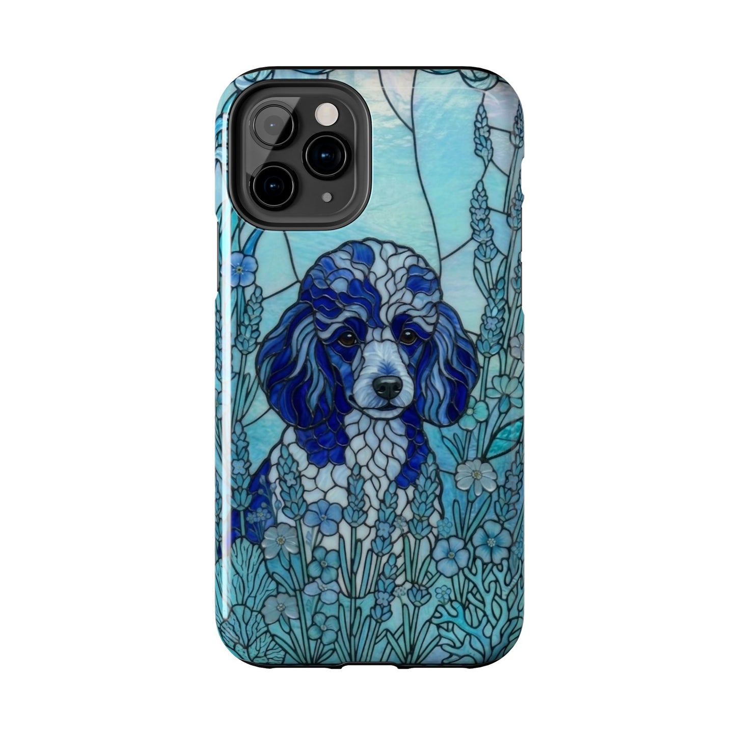 Phone case with a blue dog illustration and floral design on a white background