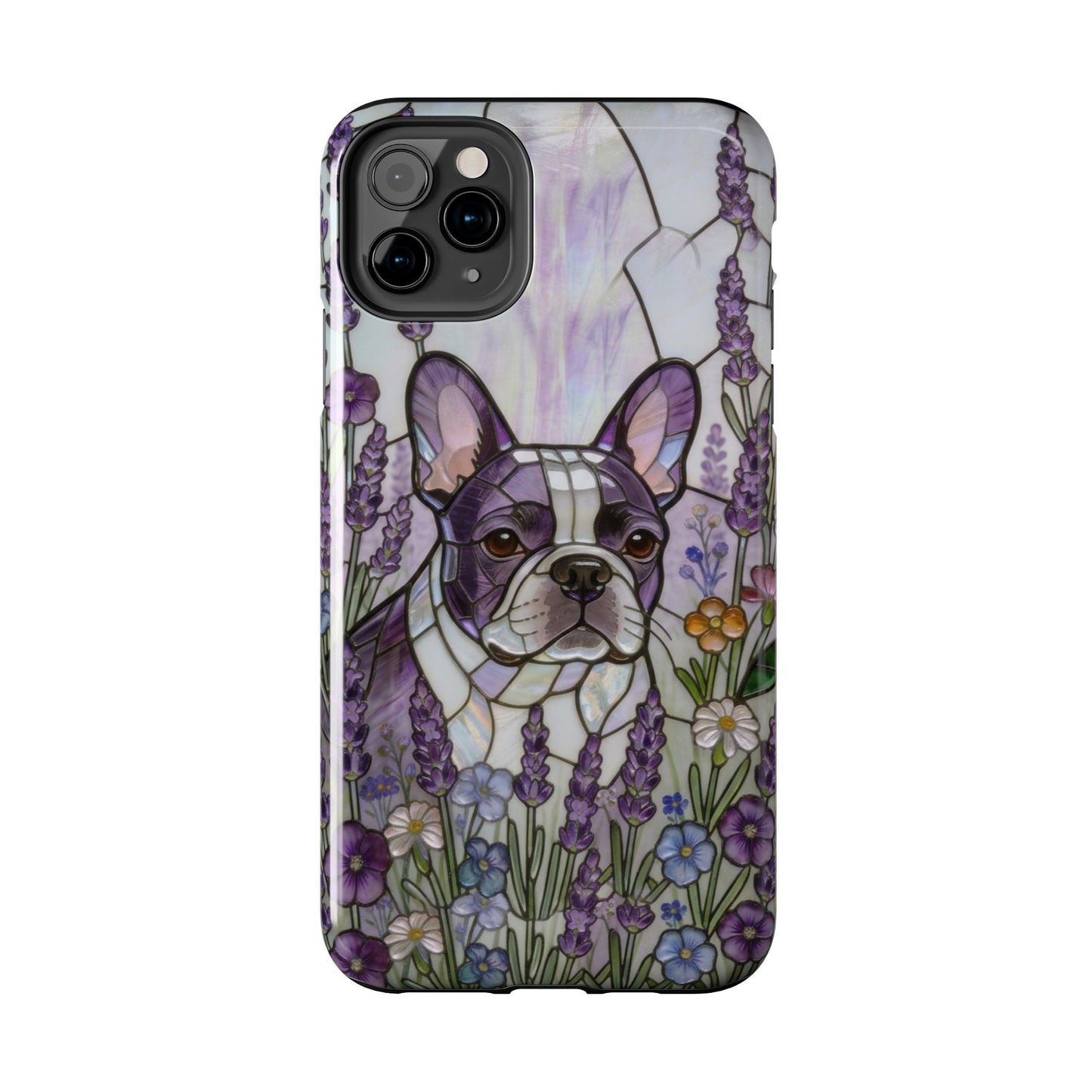 Frenchie Stained Glass Style Tough Case —Lavender Floral Theme