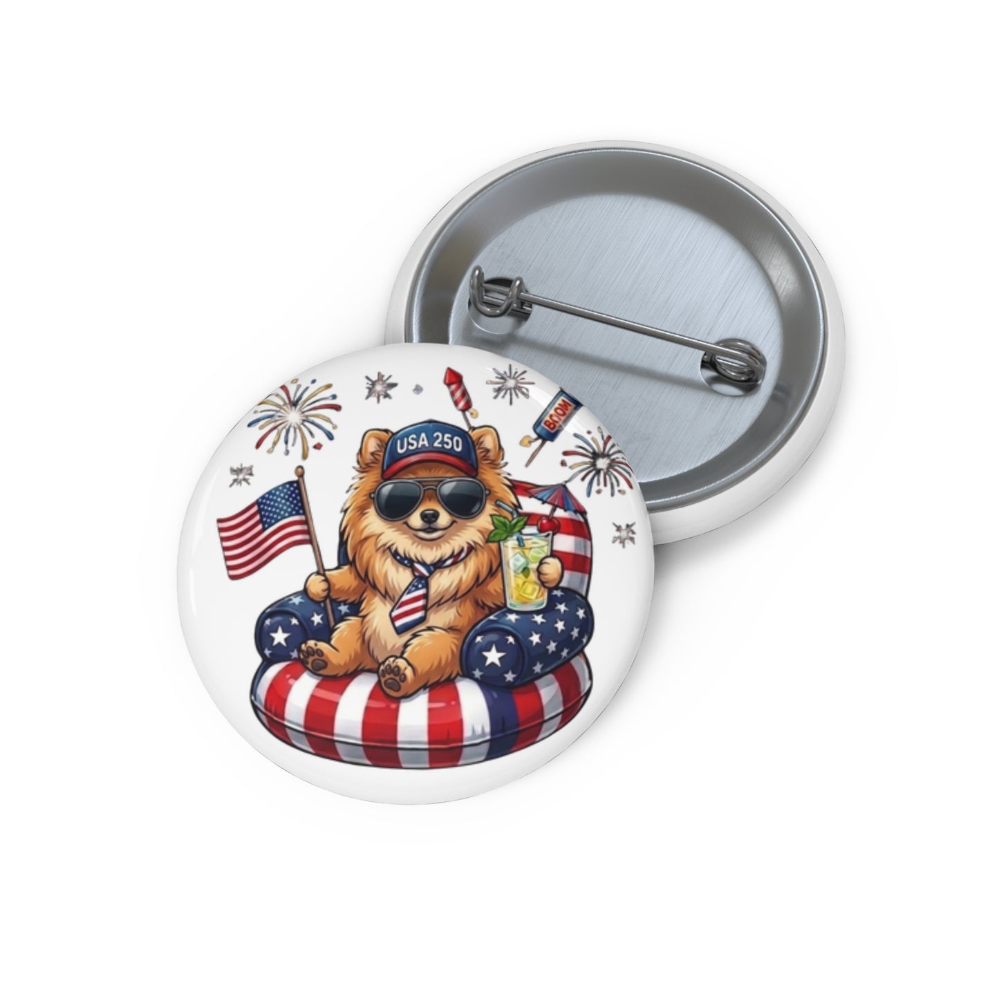 Button badge with a dog holding an American flag and a drink, surrounded by fireworks on a white background.