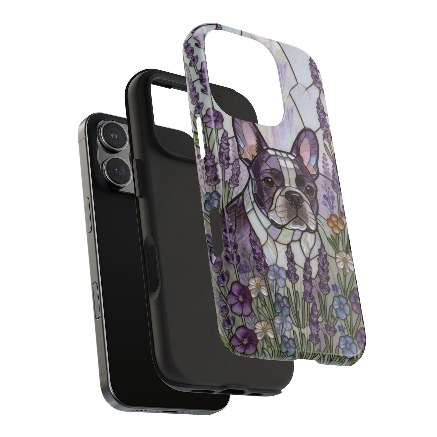 Frenchie Stained Glass Style Tough Case —Lavender Floral Theme