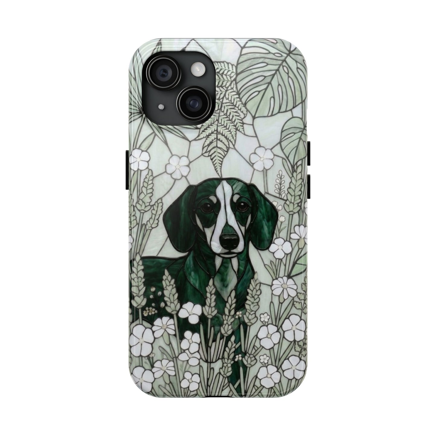 Dachshund Stained Glass Style Tough Case — Botanical Green Theme