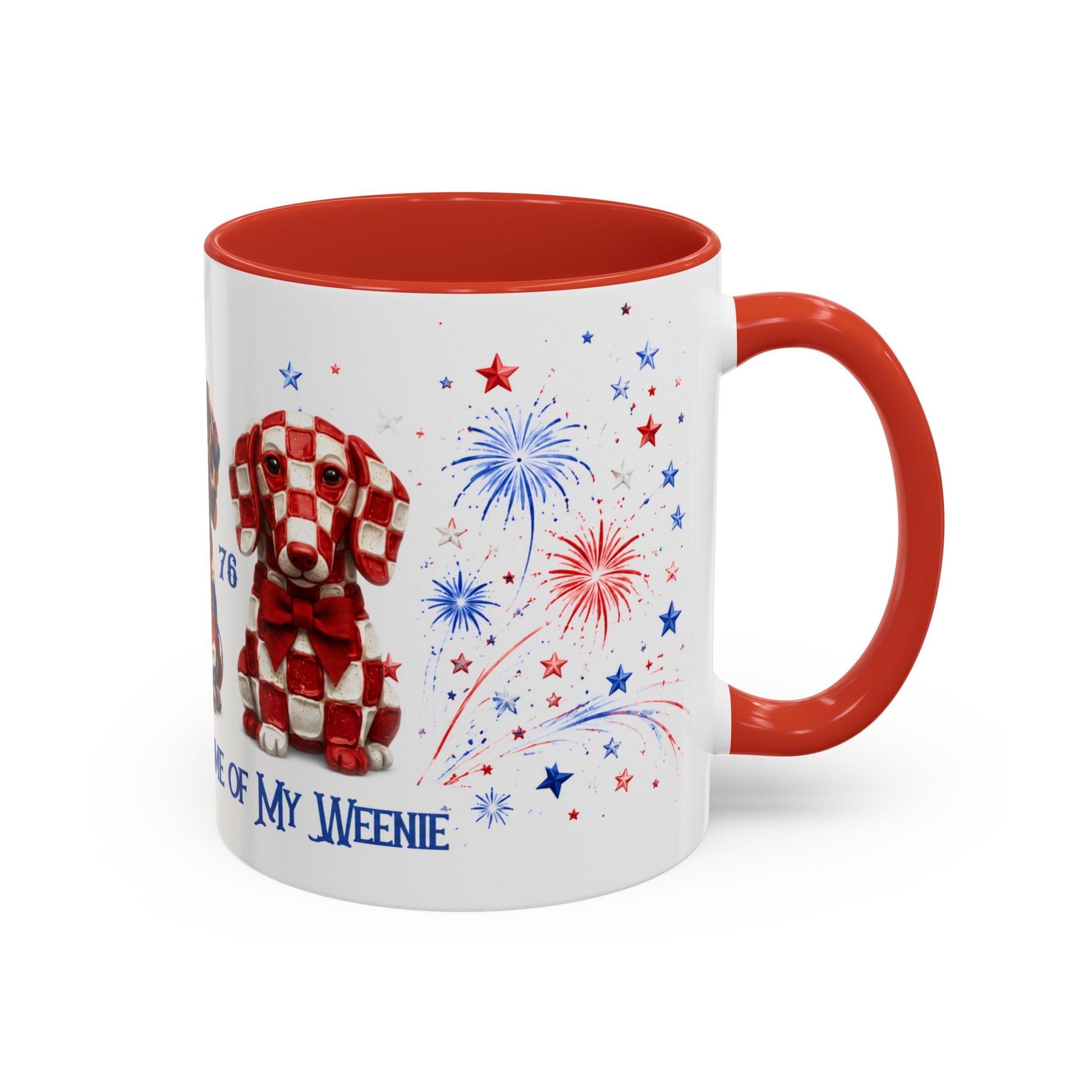Mug with a checkered dog design and fireworks on a white background