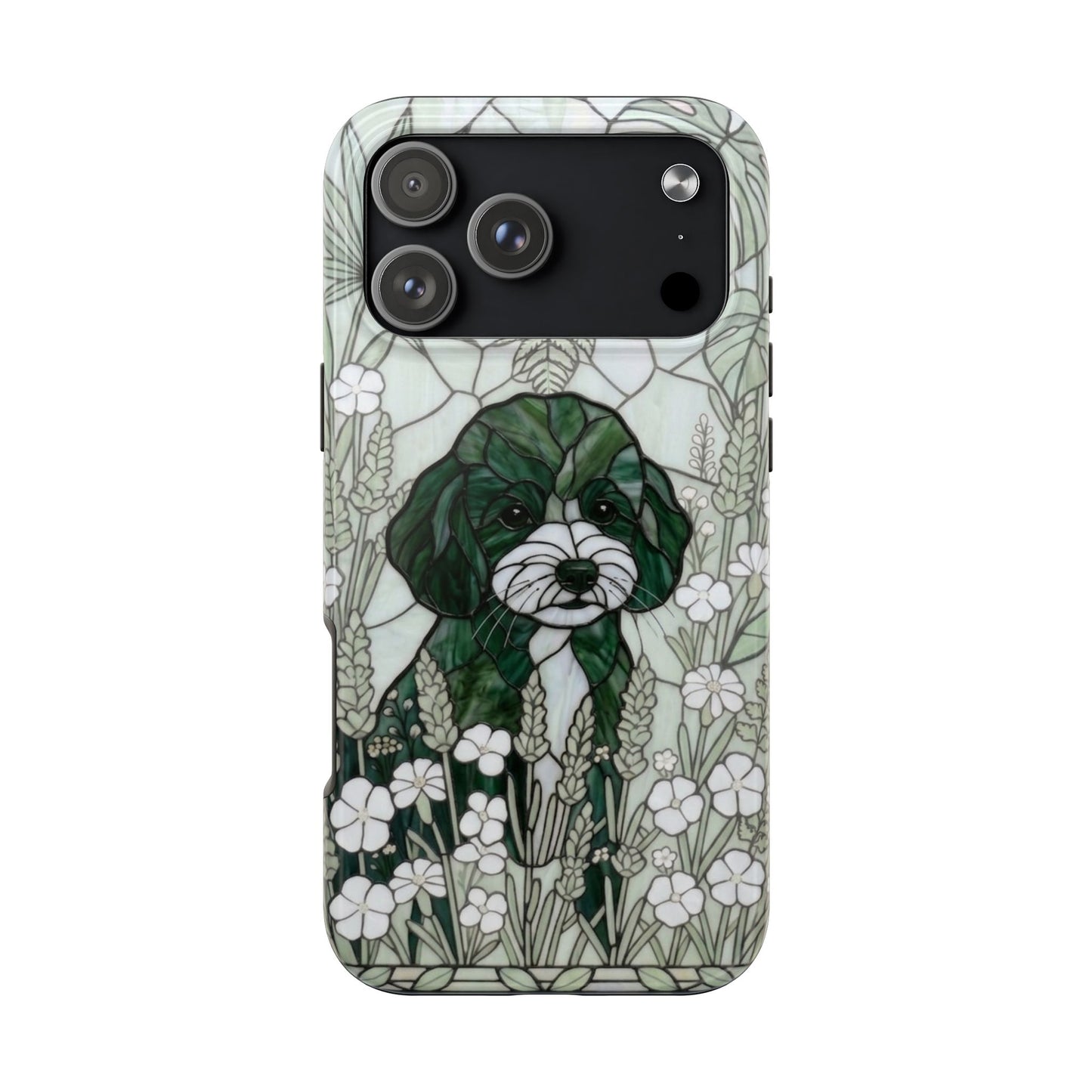 Toy Poodle Stained Glass Style Tough Case — Botanical Green Theme
