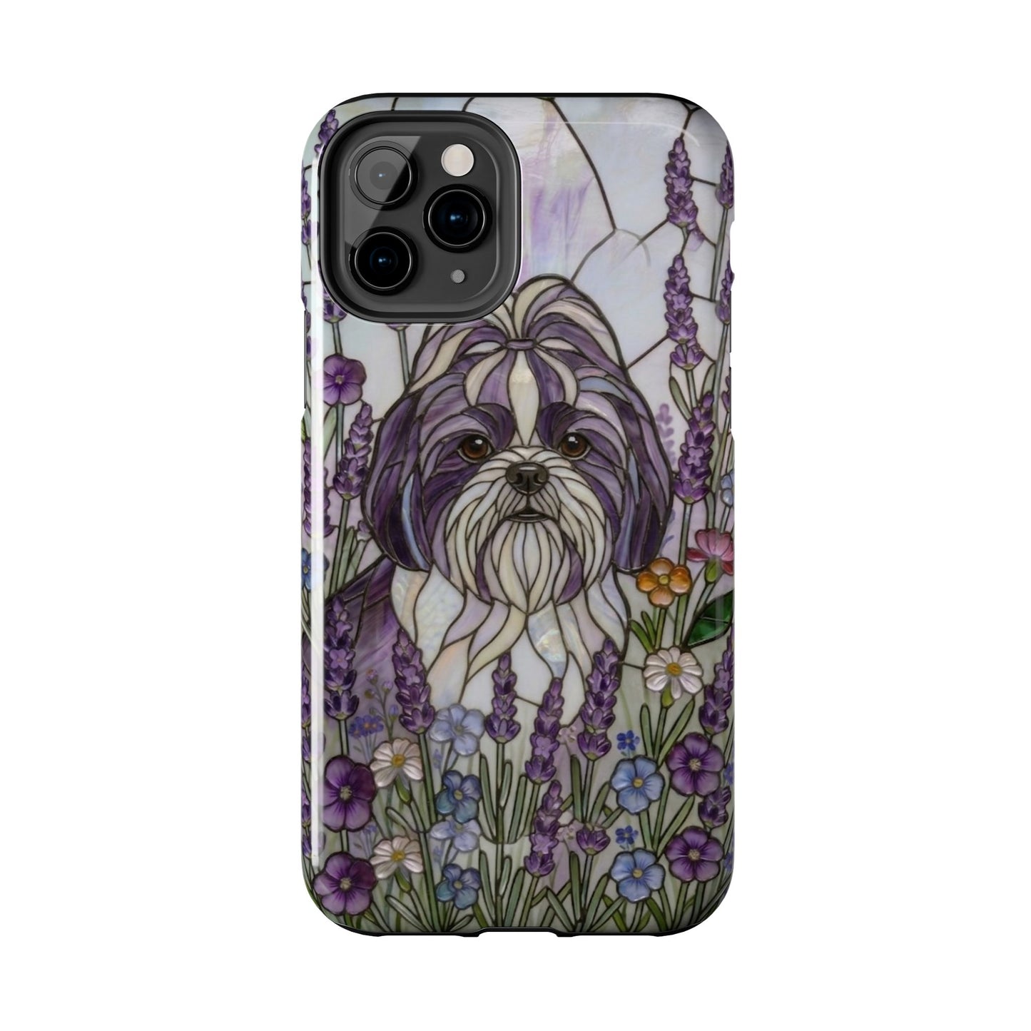 Phone case with a dog illustration and floral design on a white background