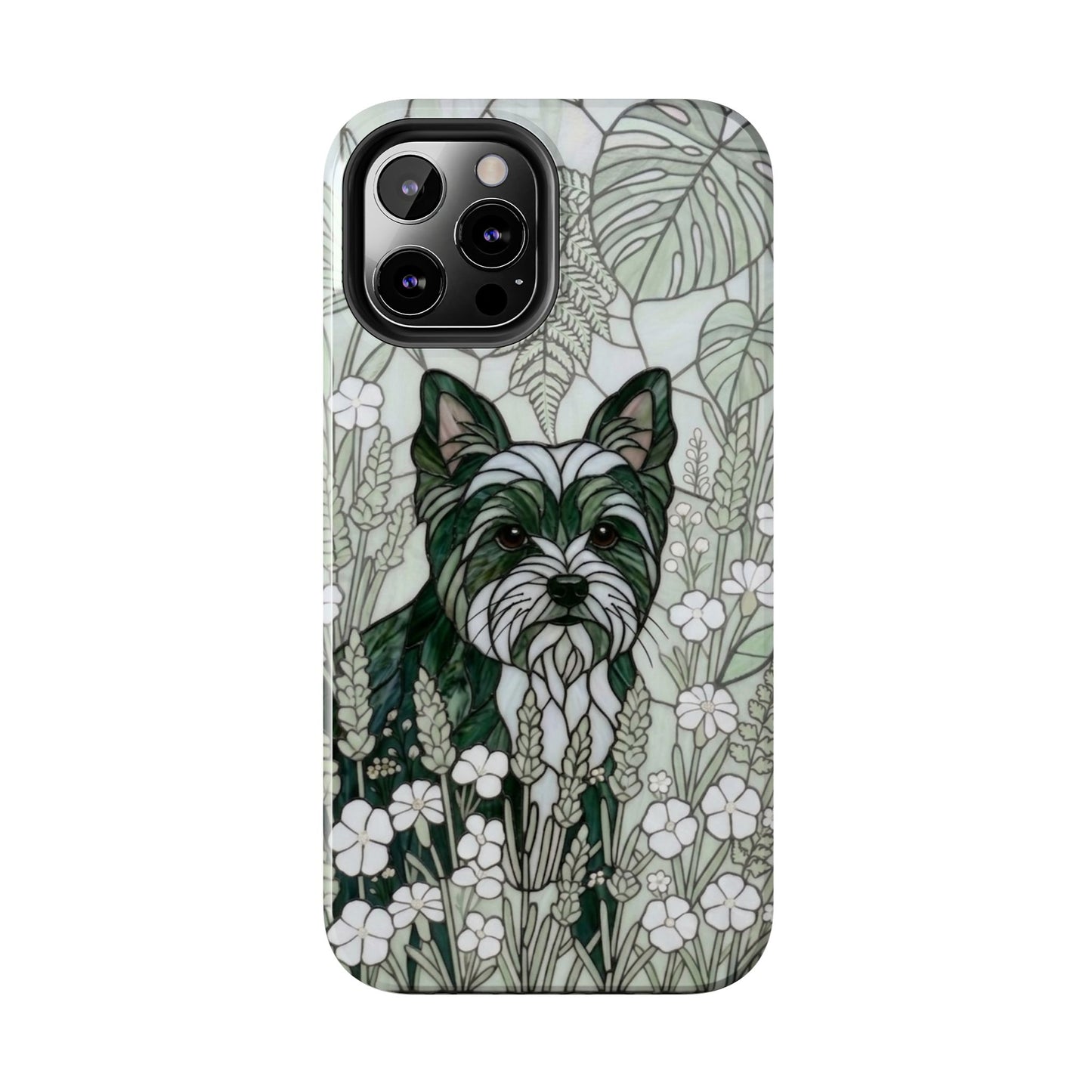 Yorkie Stained Glass Style Tough Case — Botanical Green Theme