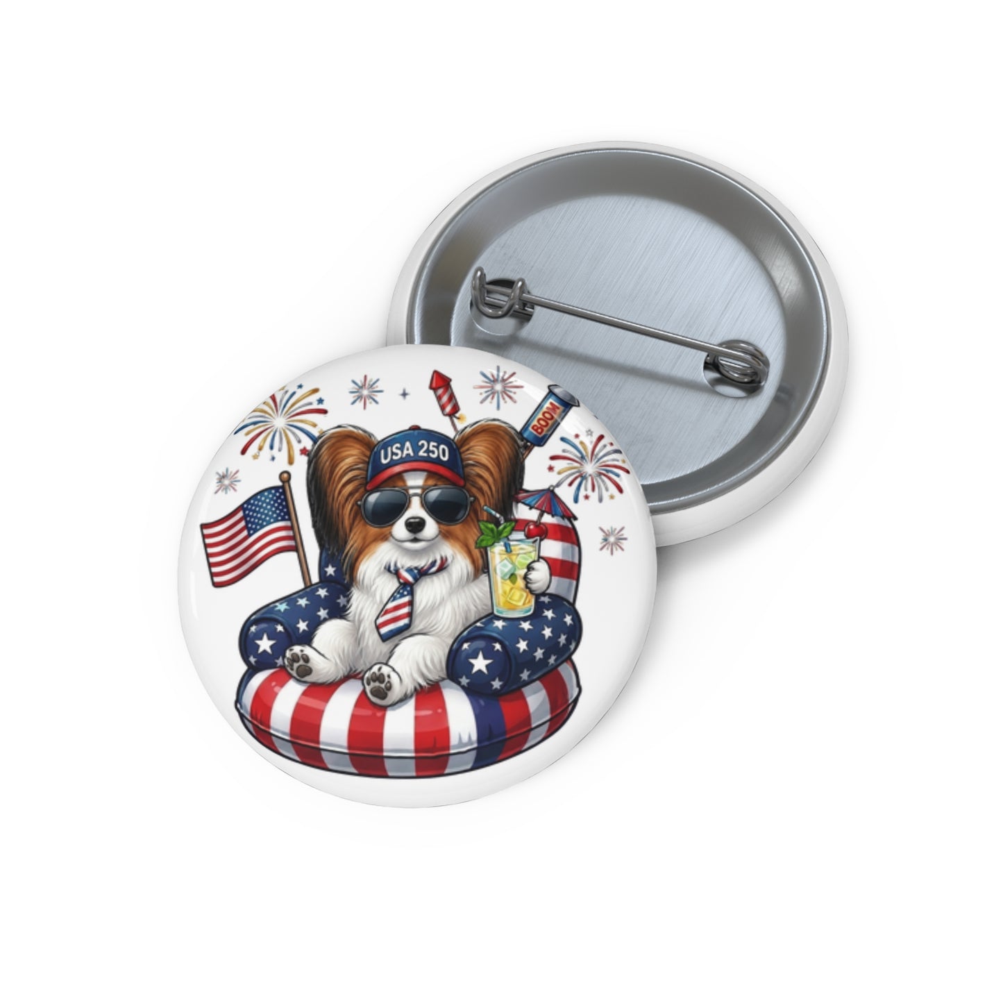 Button badge with a dog wearing sunglasses and an American flag hat on a white background