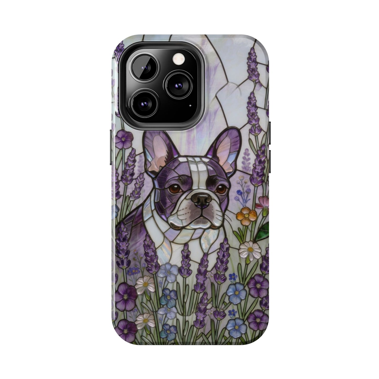 Frenchie Stained Glass Style Tough Case —Lavender Floral Theme