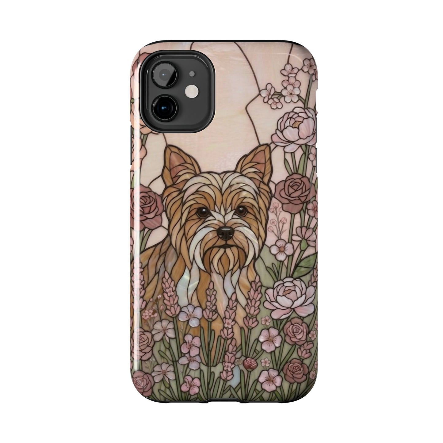 Phone case with a dog illustration and floral design on a white background