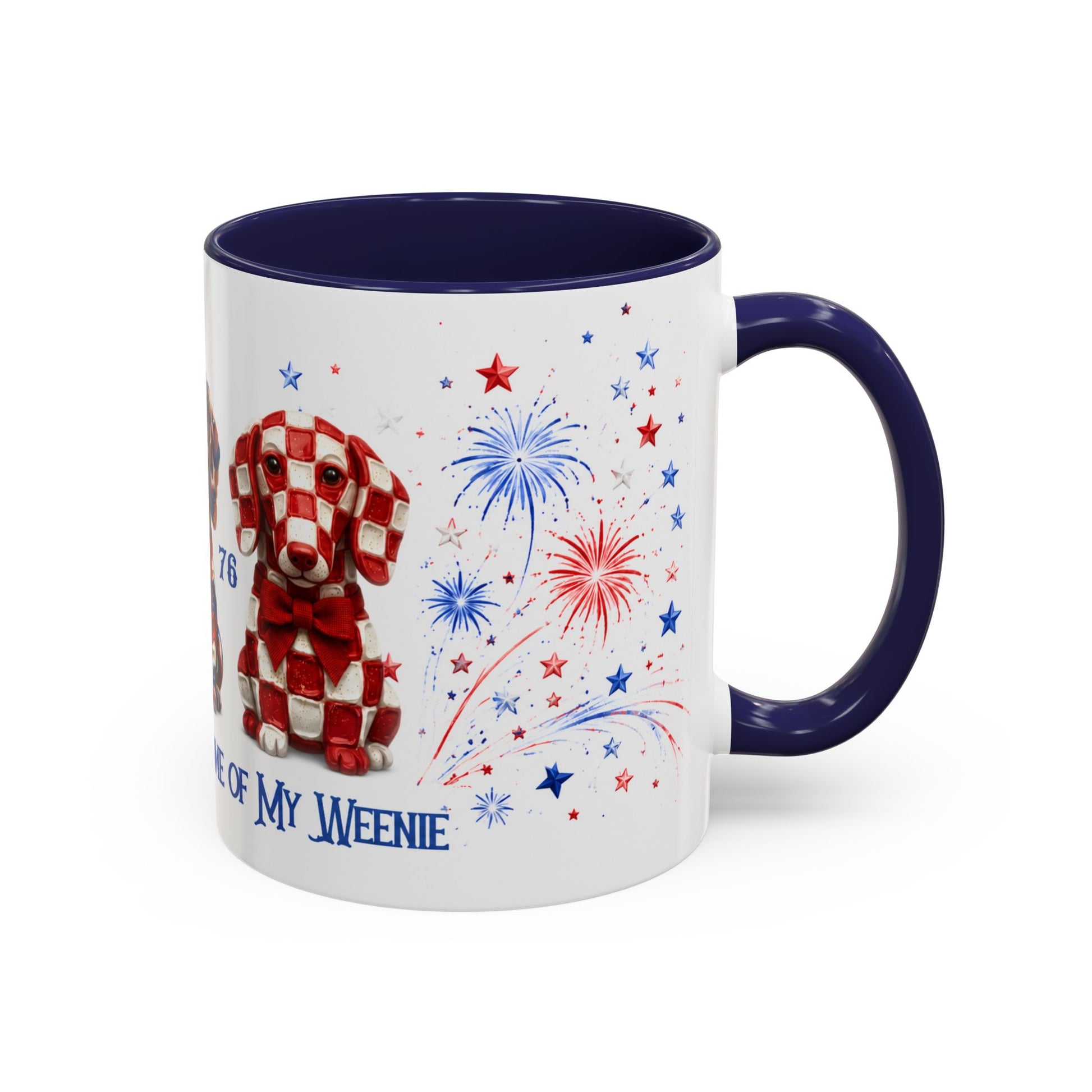 Mug with a checkered dog design and fireworks on a white background