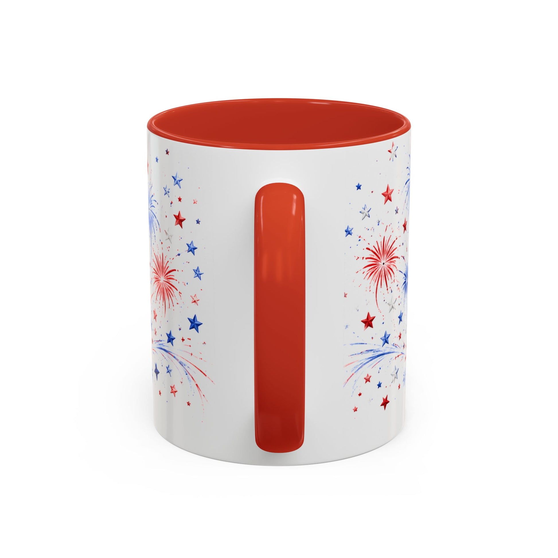 White mug with red interior and handle, featuring star and firework designs on a white background.