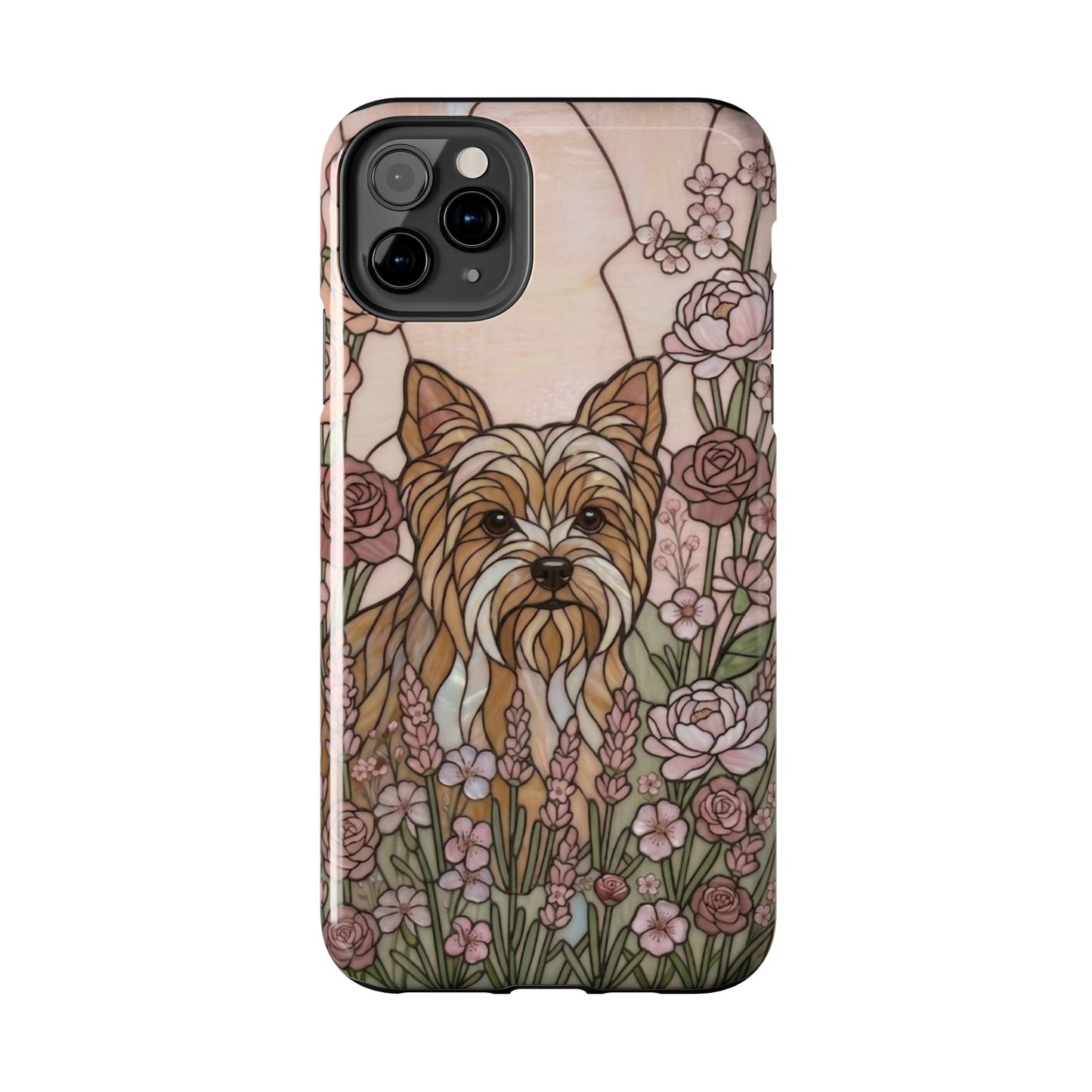 Phone case with a dog illustration and floral design on a white background