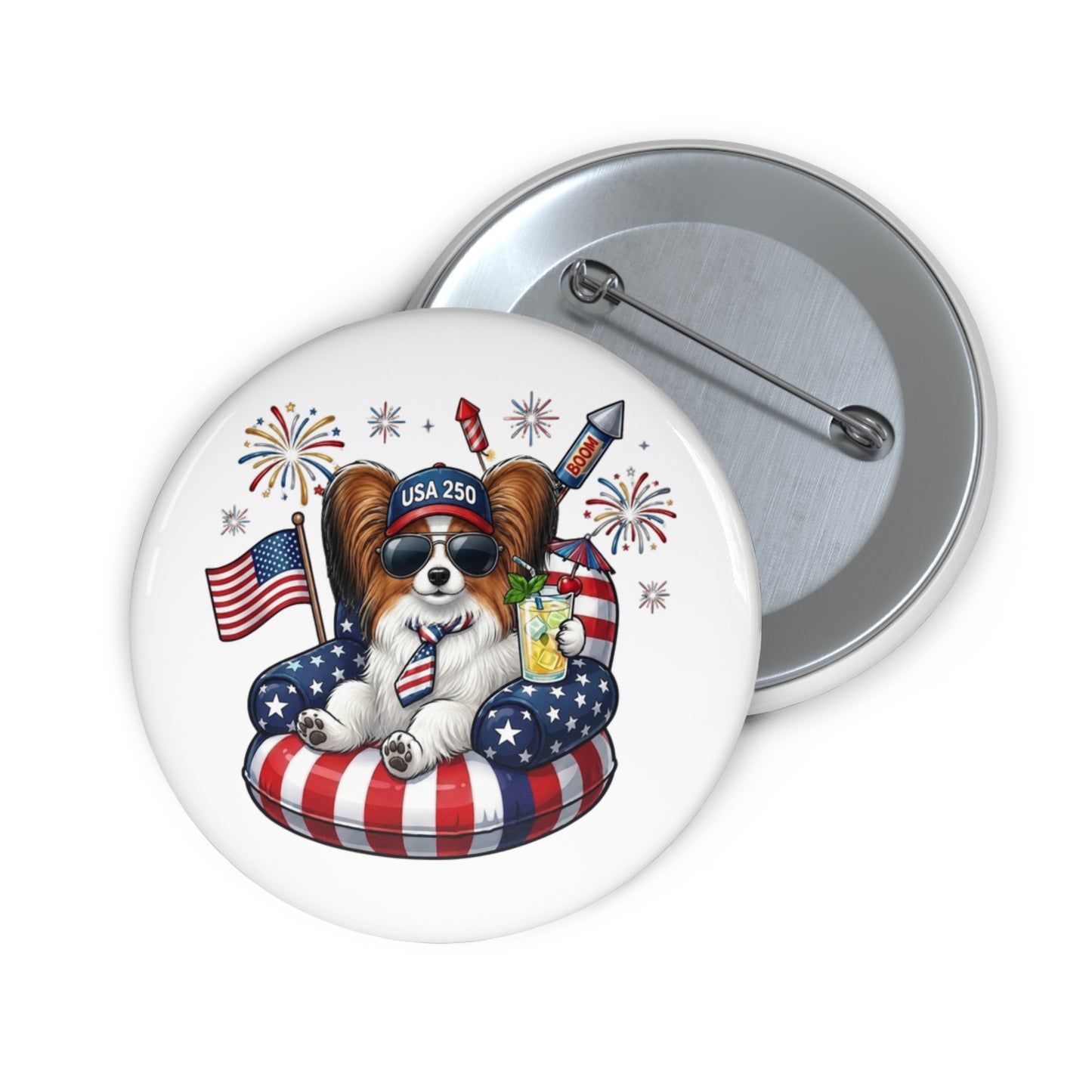 Button badge with a dog wearing sunglasses, a hat, and an American flag life preserver on a white background.