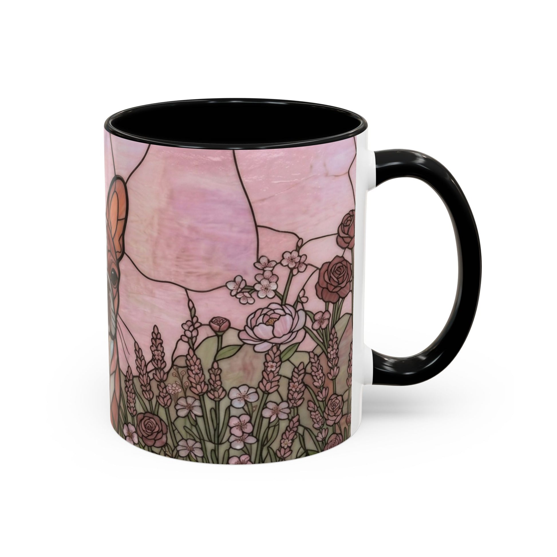 Mug with floral design and black handle on a white background