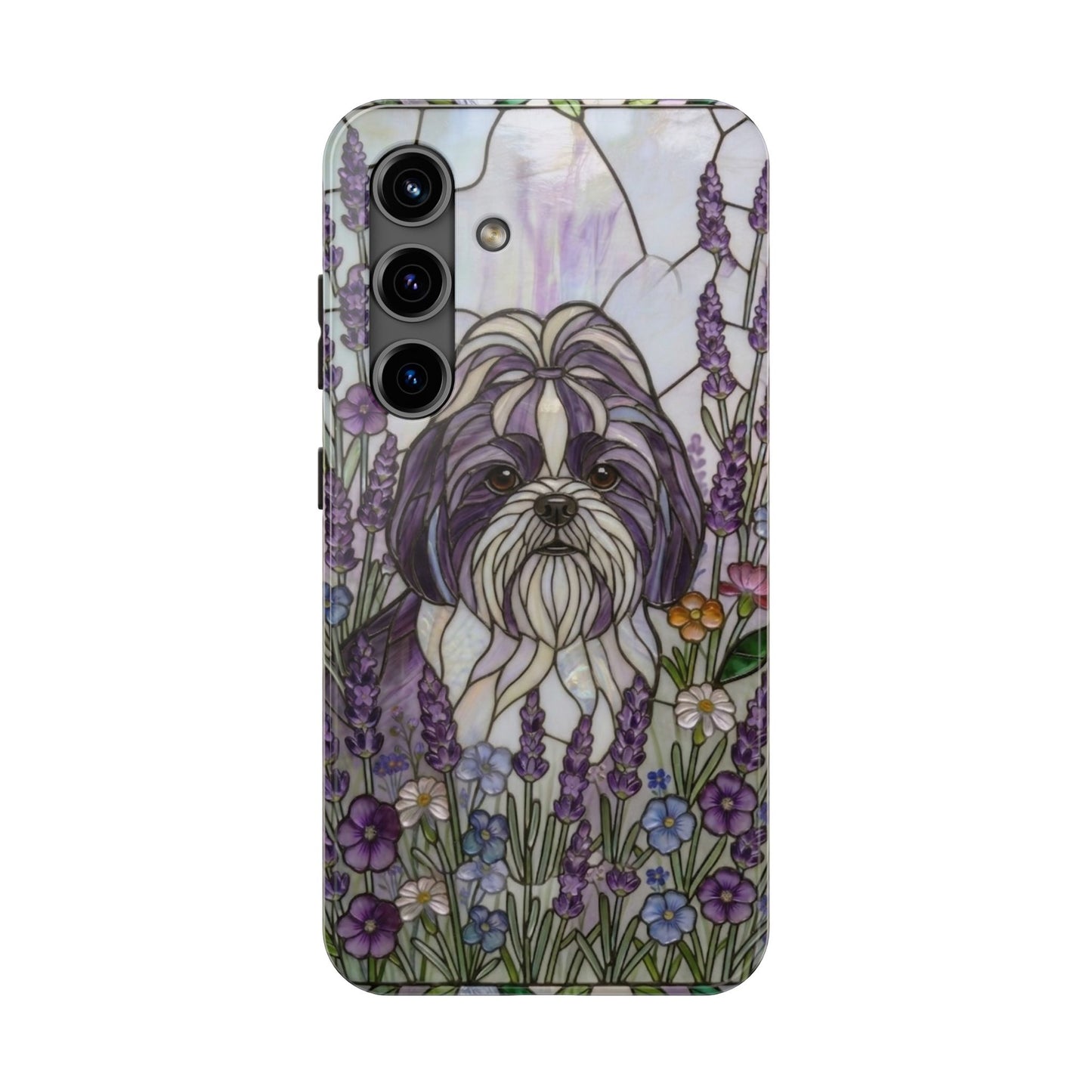 Shih Tzu Stained Glass Style Tough Case — Lavender Floral Theme