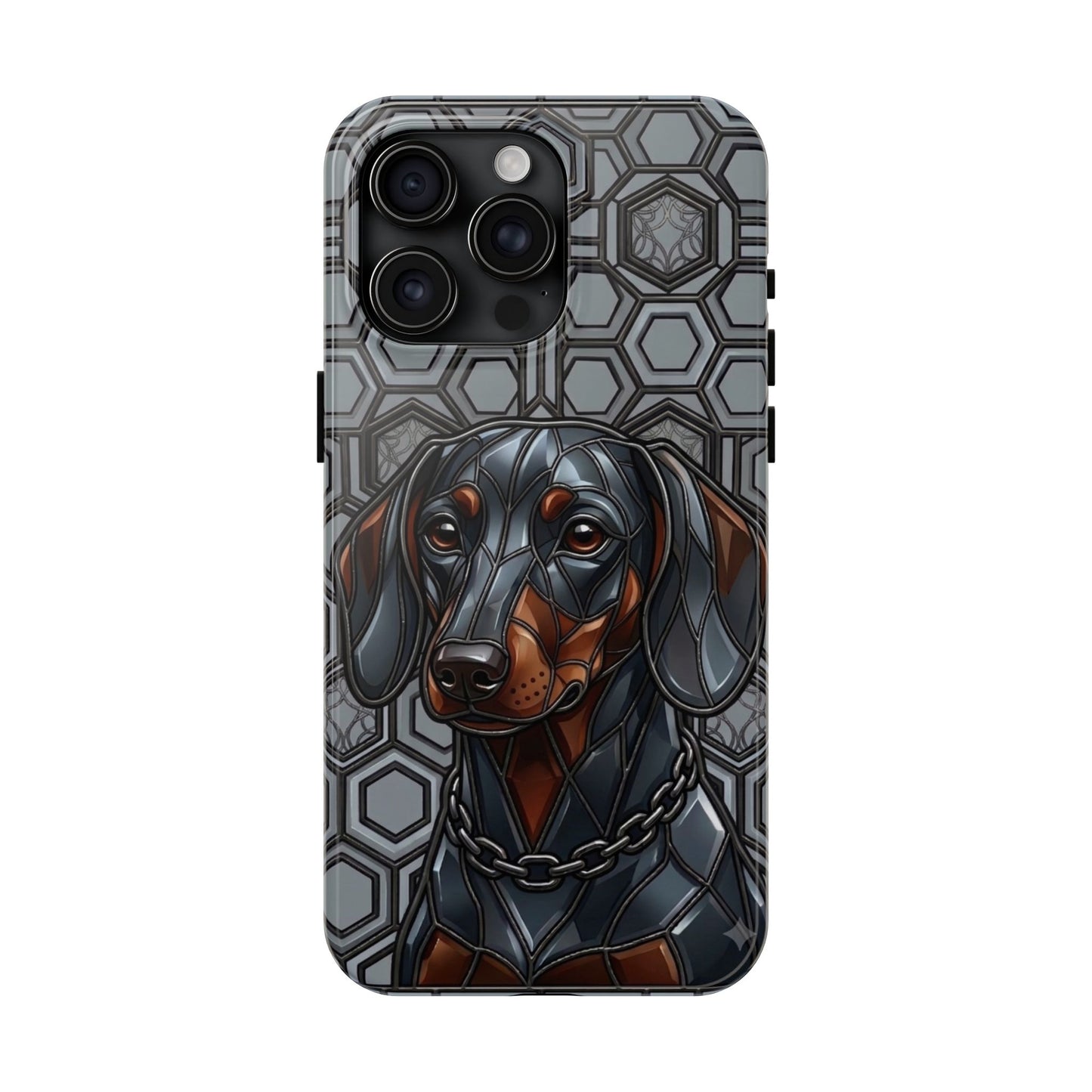 Phone case with a dachshund design on a geometric patterned background