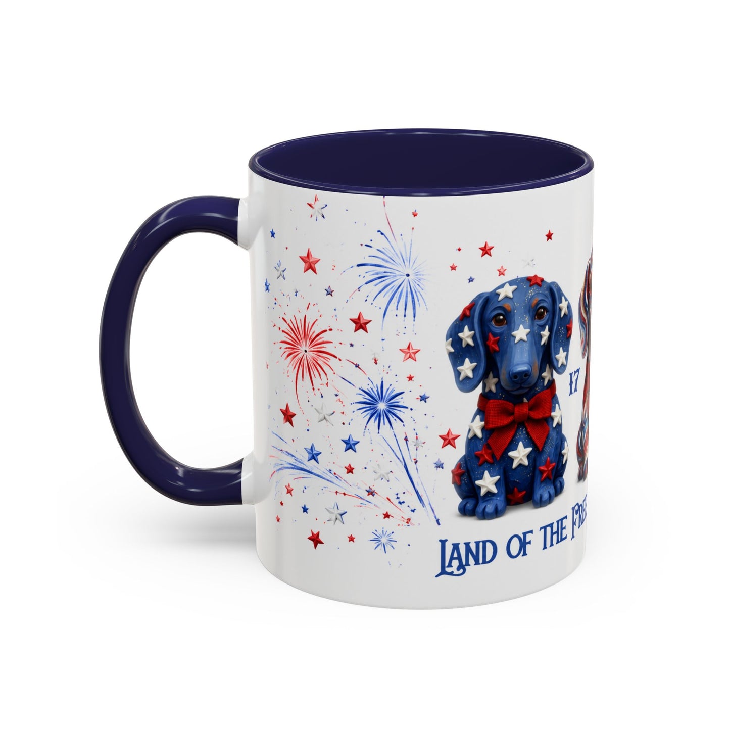 Mug with a dachshund design and patriotic elements on a white background