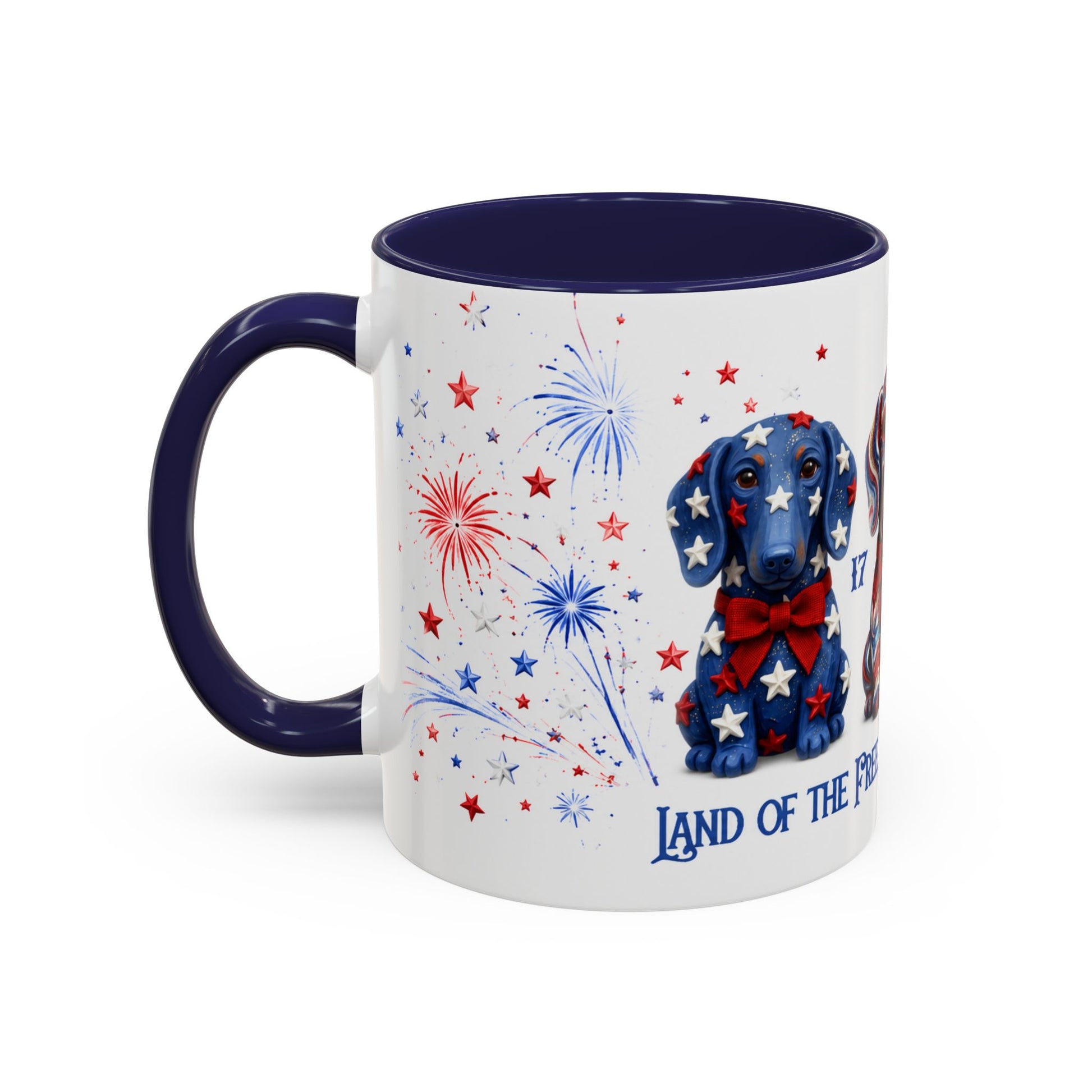 Mug with a dachshund design and patriotic elements on a white background