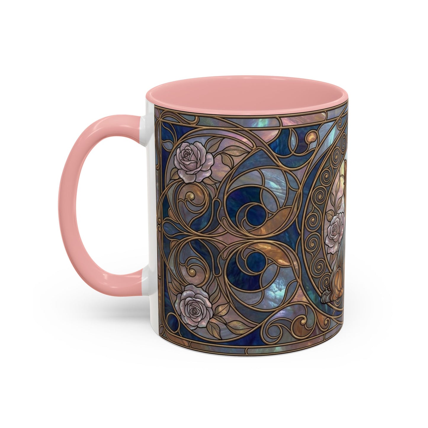 A ceramic mug with a pink handle and interior, featuring an ornate Art Nouveau style design with blue, gold, and pink floral patterns on the exterior, shown on a white background.