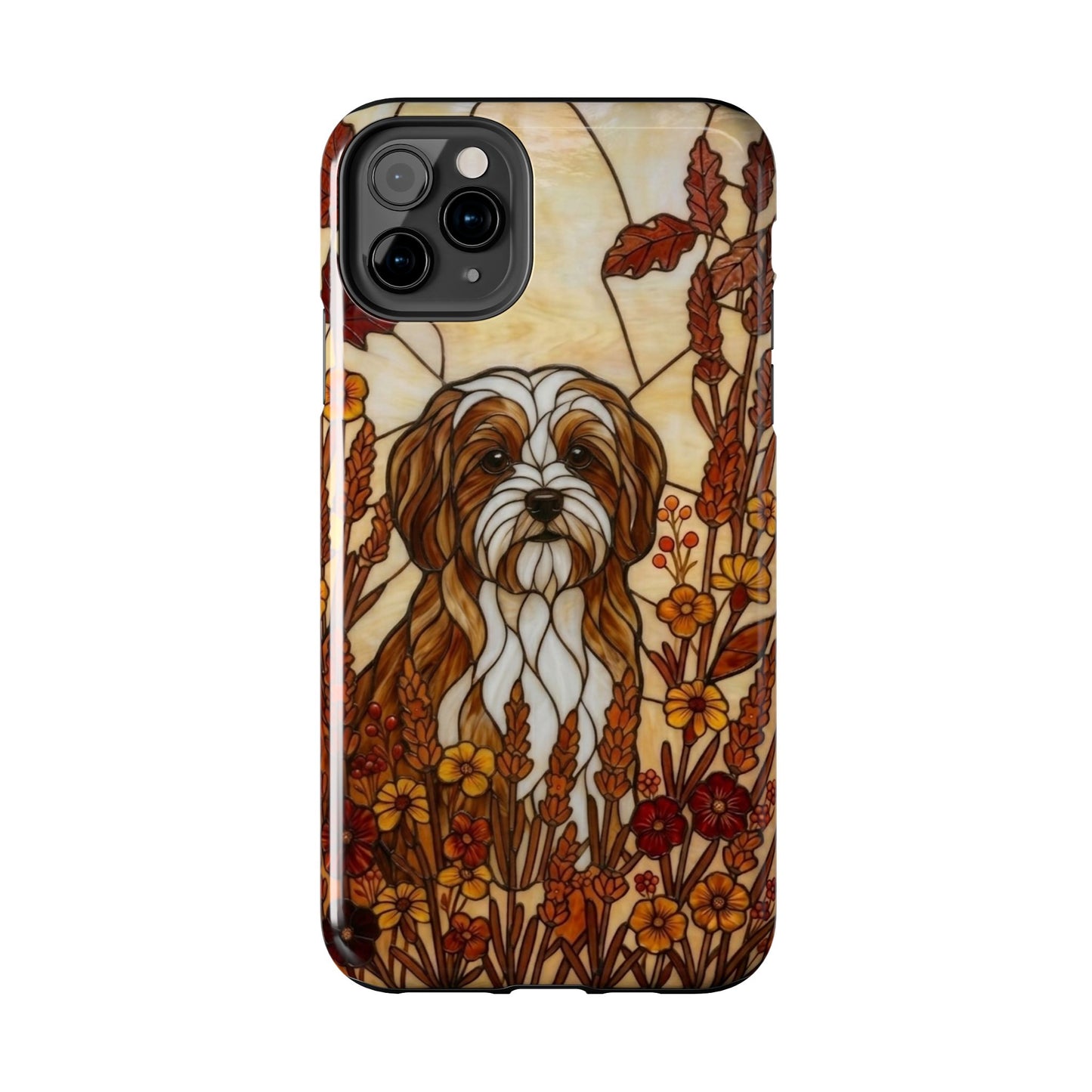 Phone case with a dog illustration in a floral pattern on a beige background