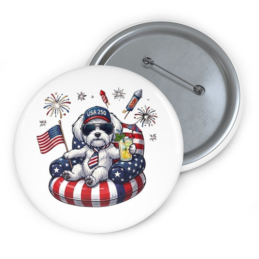 Button badge with a dog in patriotic attire and fireworks on a white background