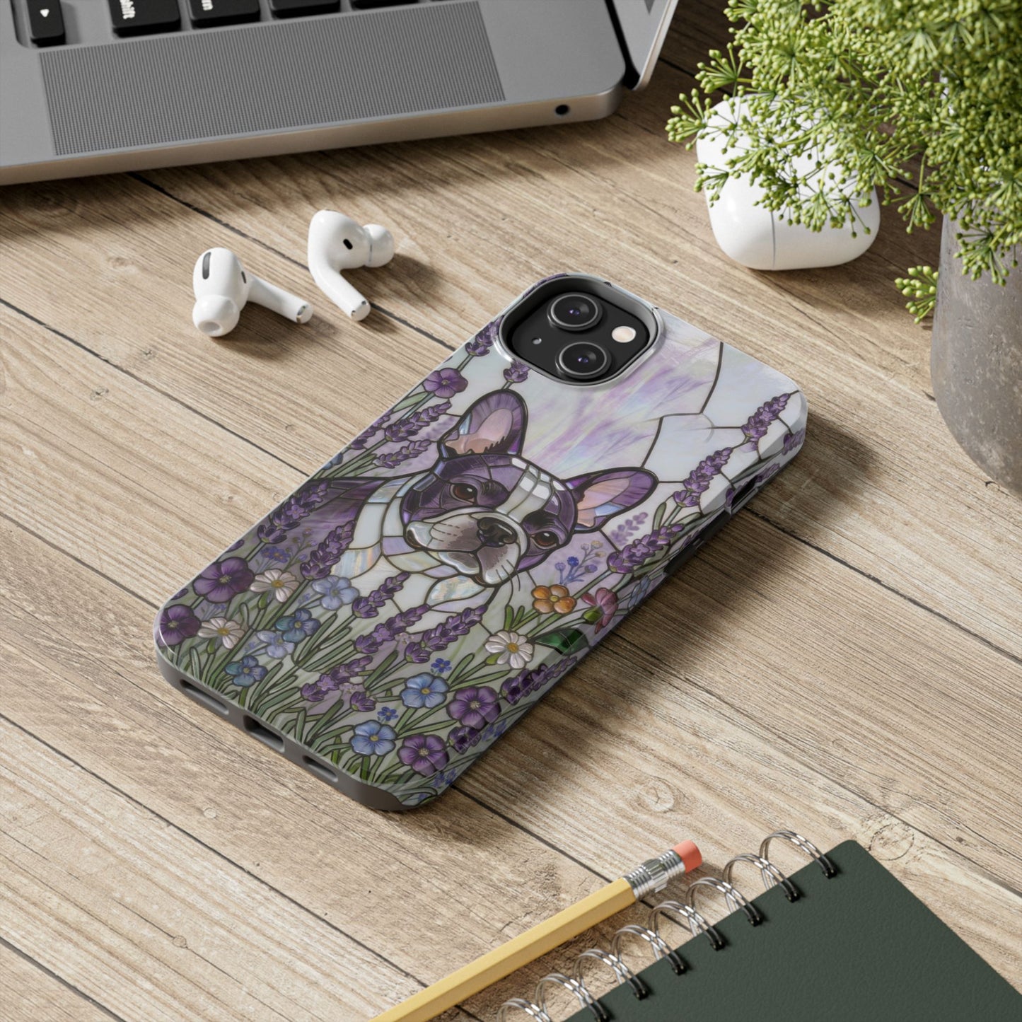 Frenchie Stained Glass Style Tough Case —Lavender Floral Theme