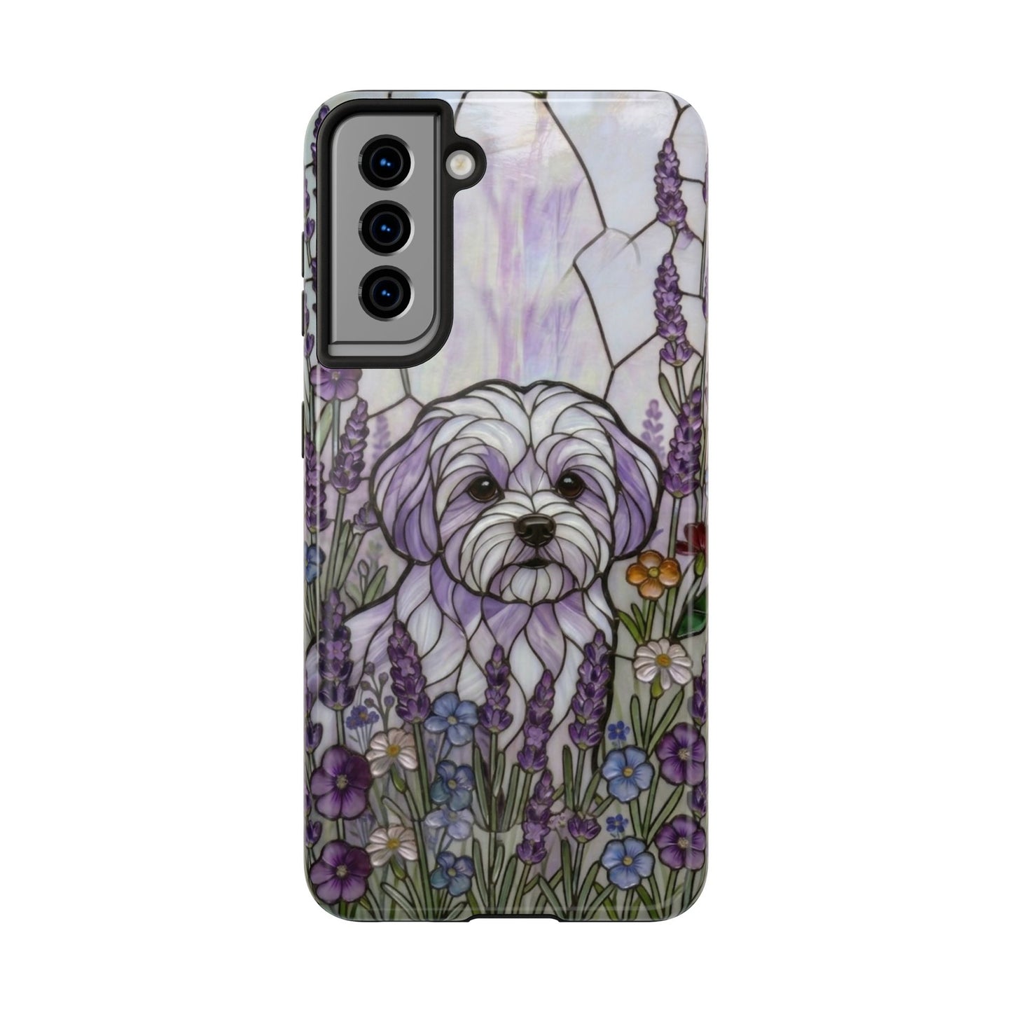 Maltese Stained Glass Style Tough Case — Lavender Floral Theme