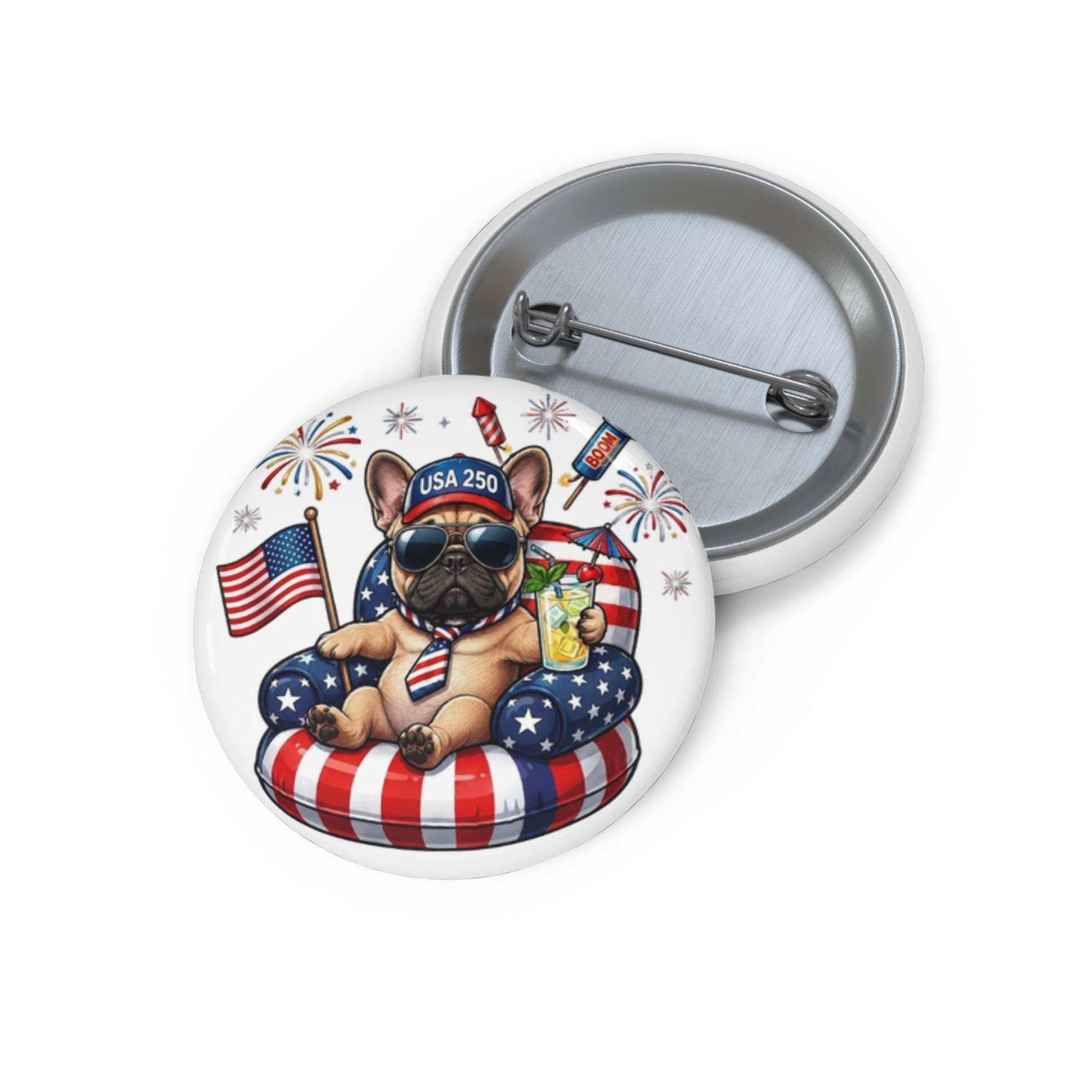 Button badge with a dog design featuring American flags and fireworks on a white background