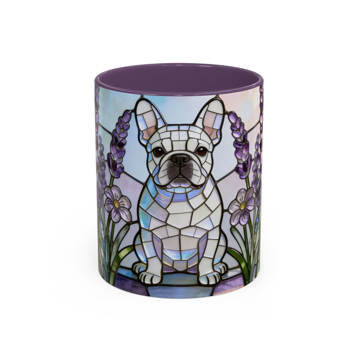 Stained glass French Bulldog mug with elegant purple florals. 