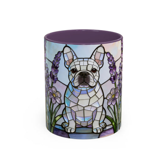 Stained glass French Bulldog mug with elegant purple florals. 