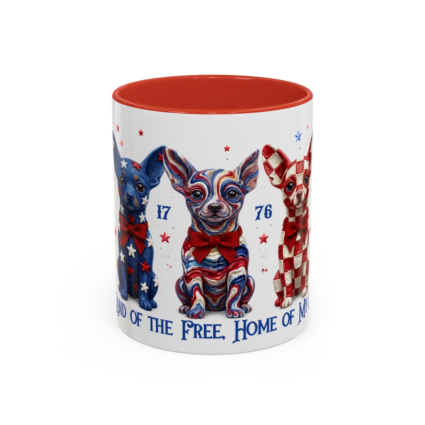 Mug with patriotic design of dogs and text on a white background