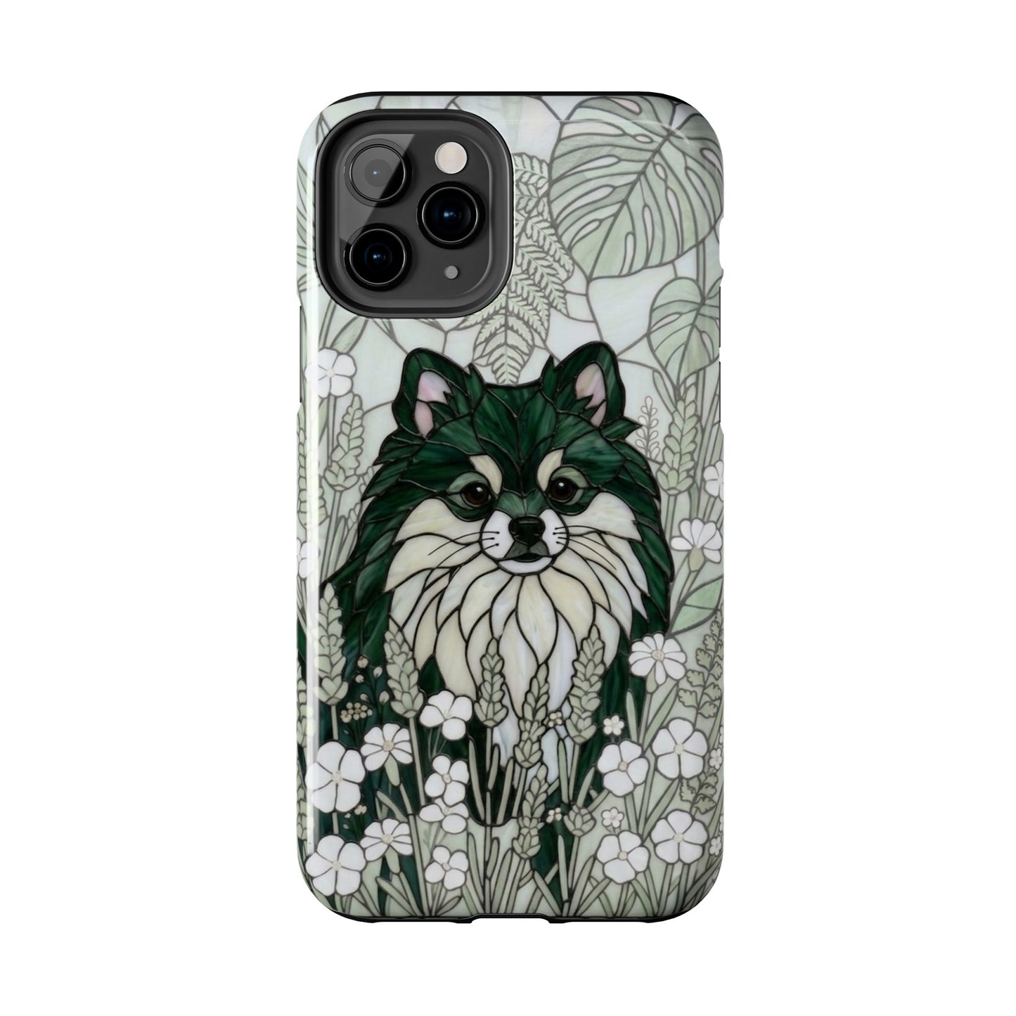 Phone case with a dog illustration and floral design on a white background