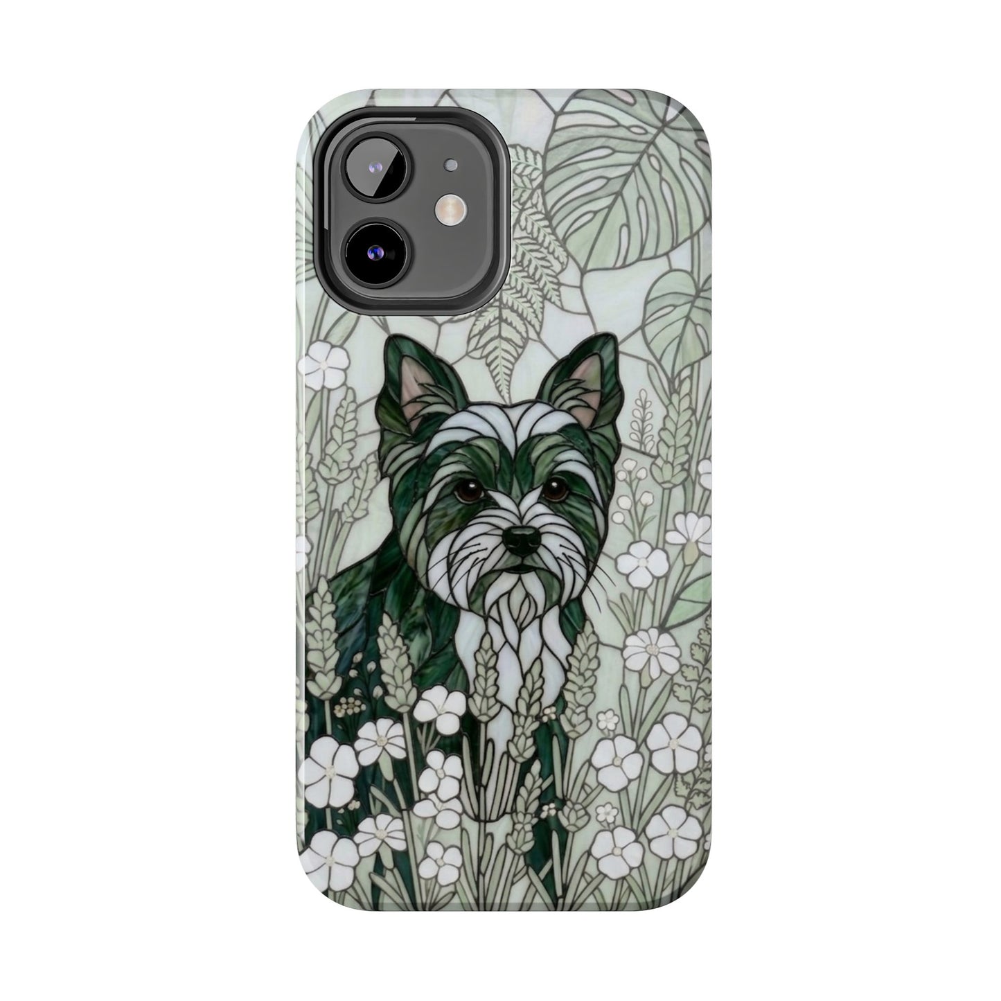 Yorkie Stained Glass Style Tough Case — Botanical Green Theme