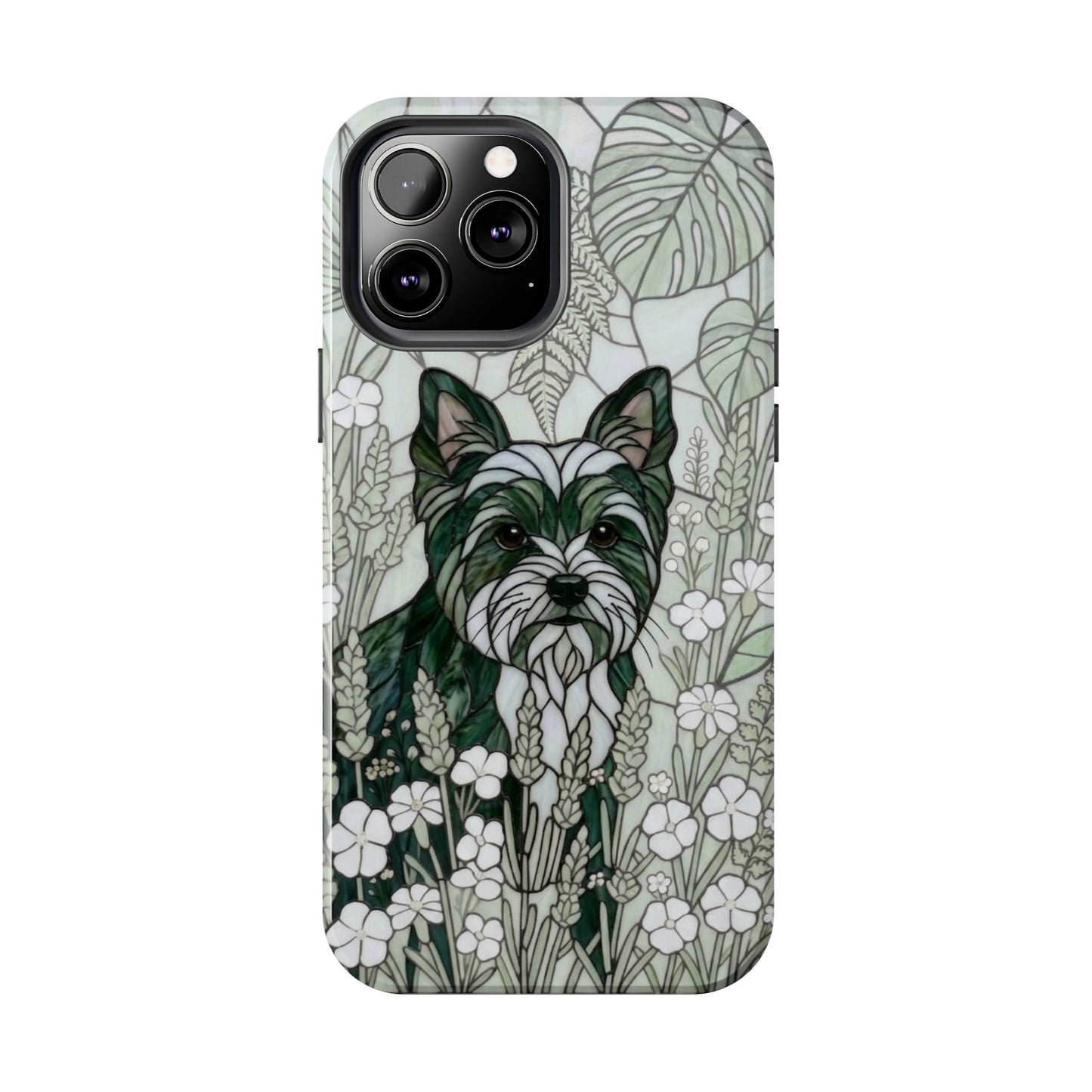 Yorkie Stained Glass Style Tough Case — Botanical Green Theme