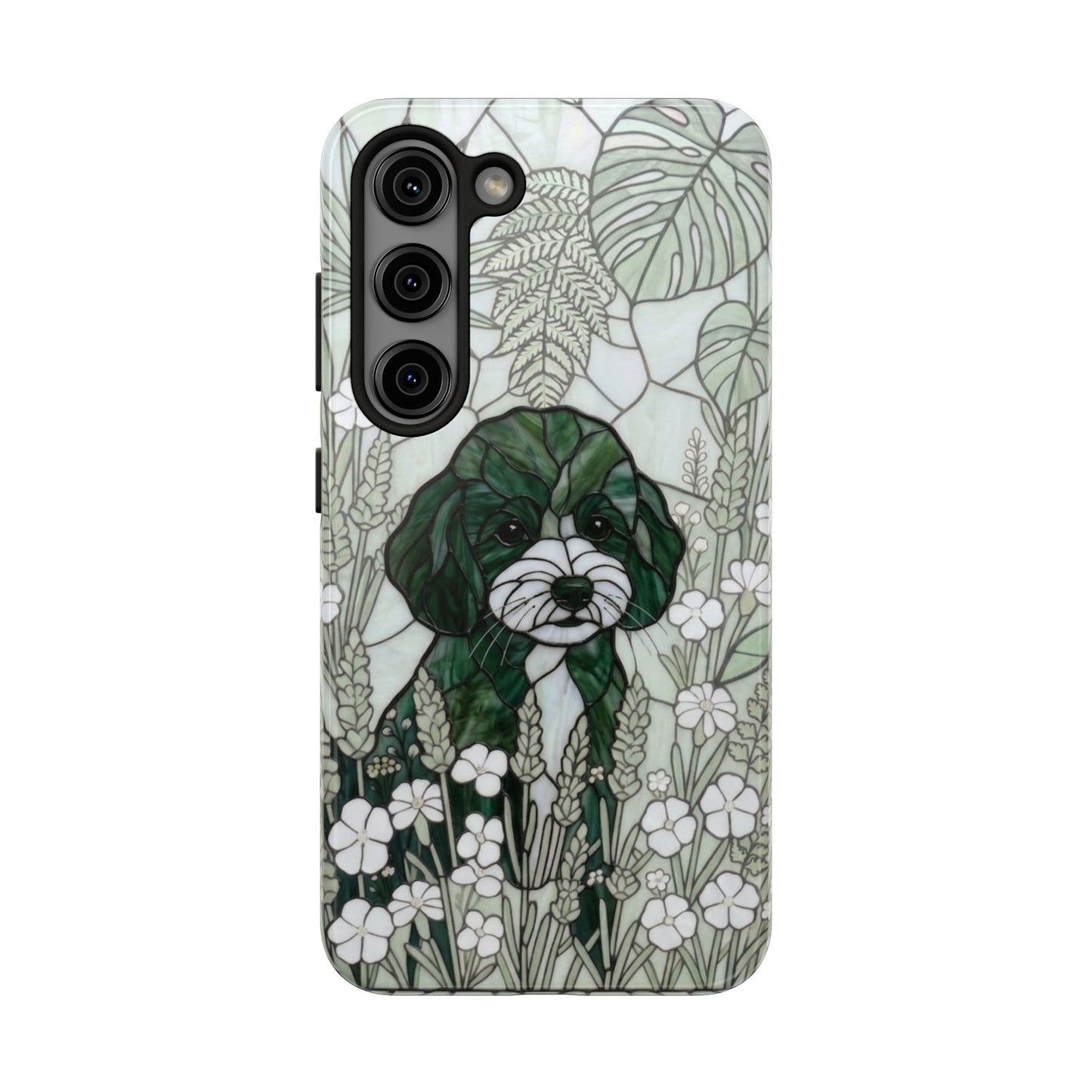 Toy Poodle Stained Glass Style Tough Case — Botanical Green Theme