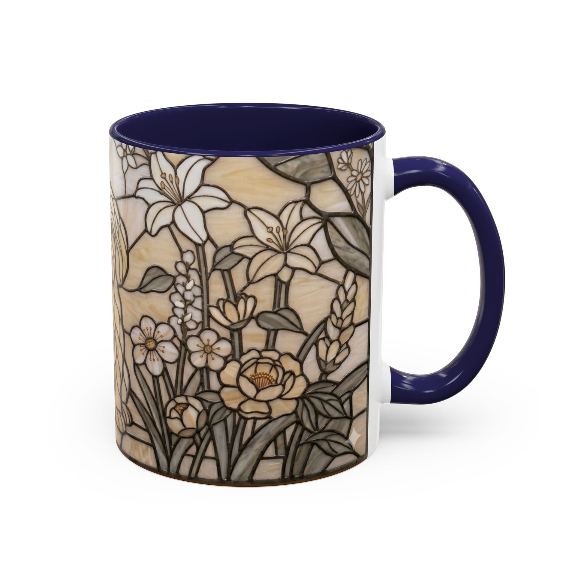Mug with floral design and navy handle on a white background